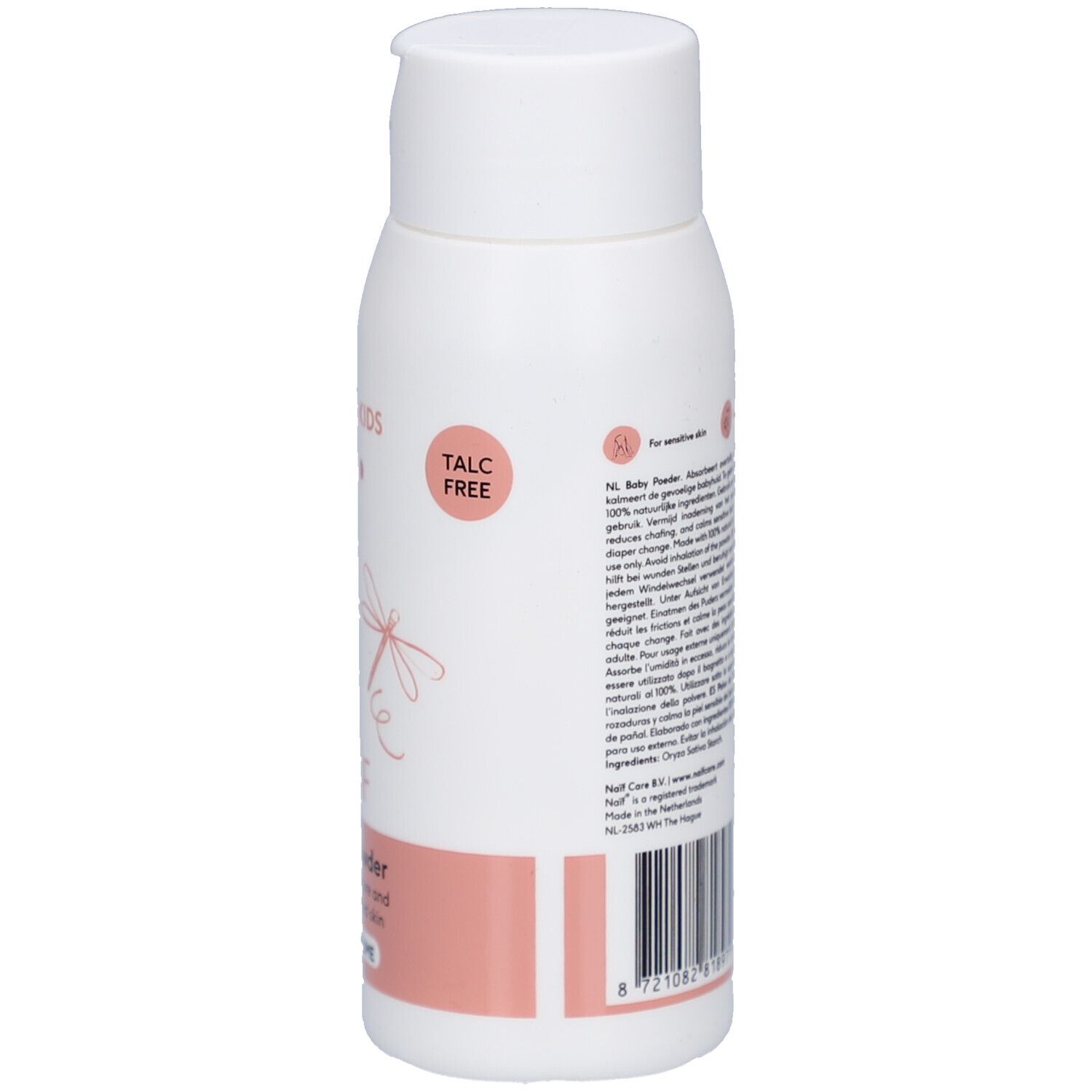 Naïf Baby Powder Flasche. Rückseite, Text. Aufschrift: Talc Free, für empfindliche Haut, Inhaltsstoffe.