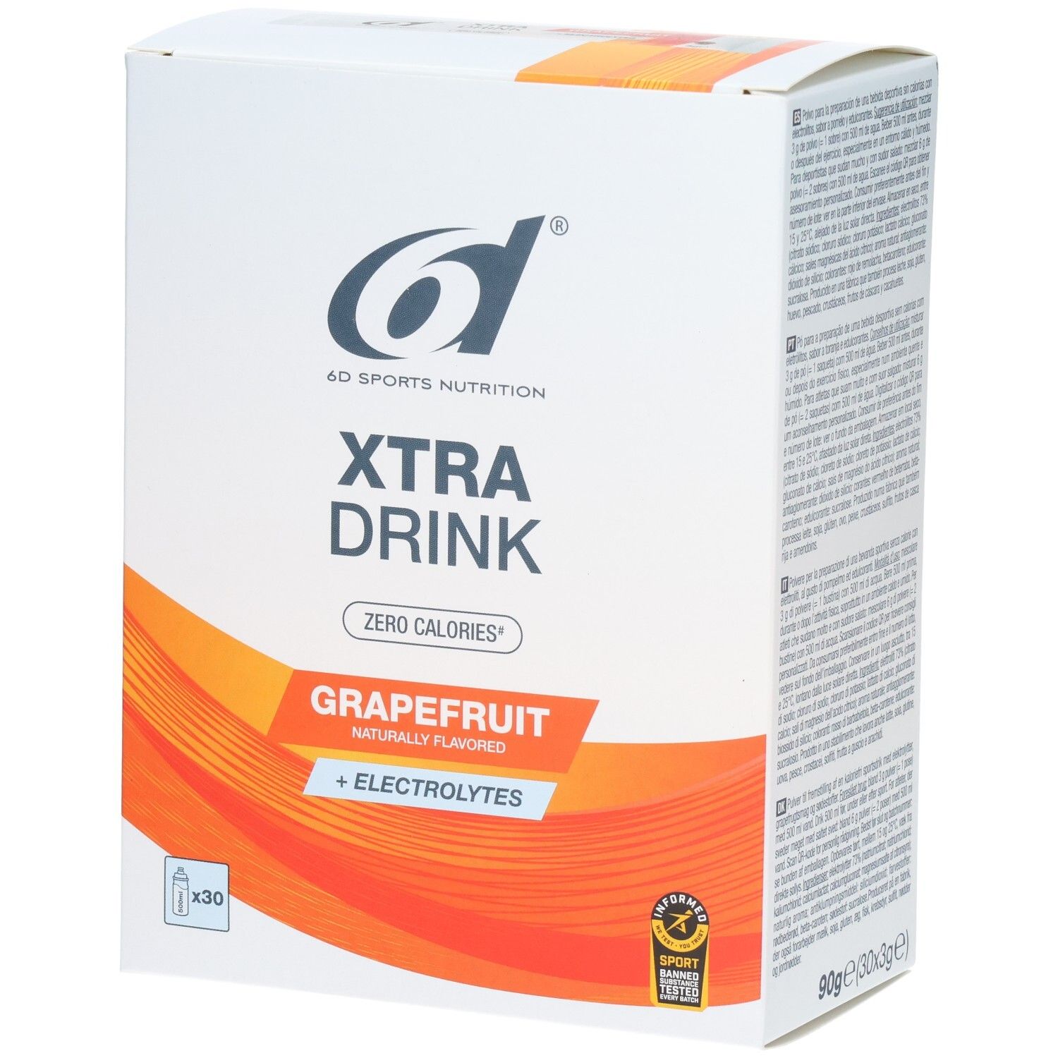 6d Xtra Drink Grapefruit Pulver-Packung mit 30 Beuteln, null Kalorien, mit Elektrolyten.