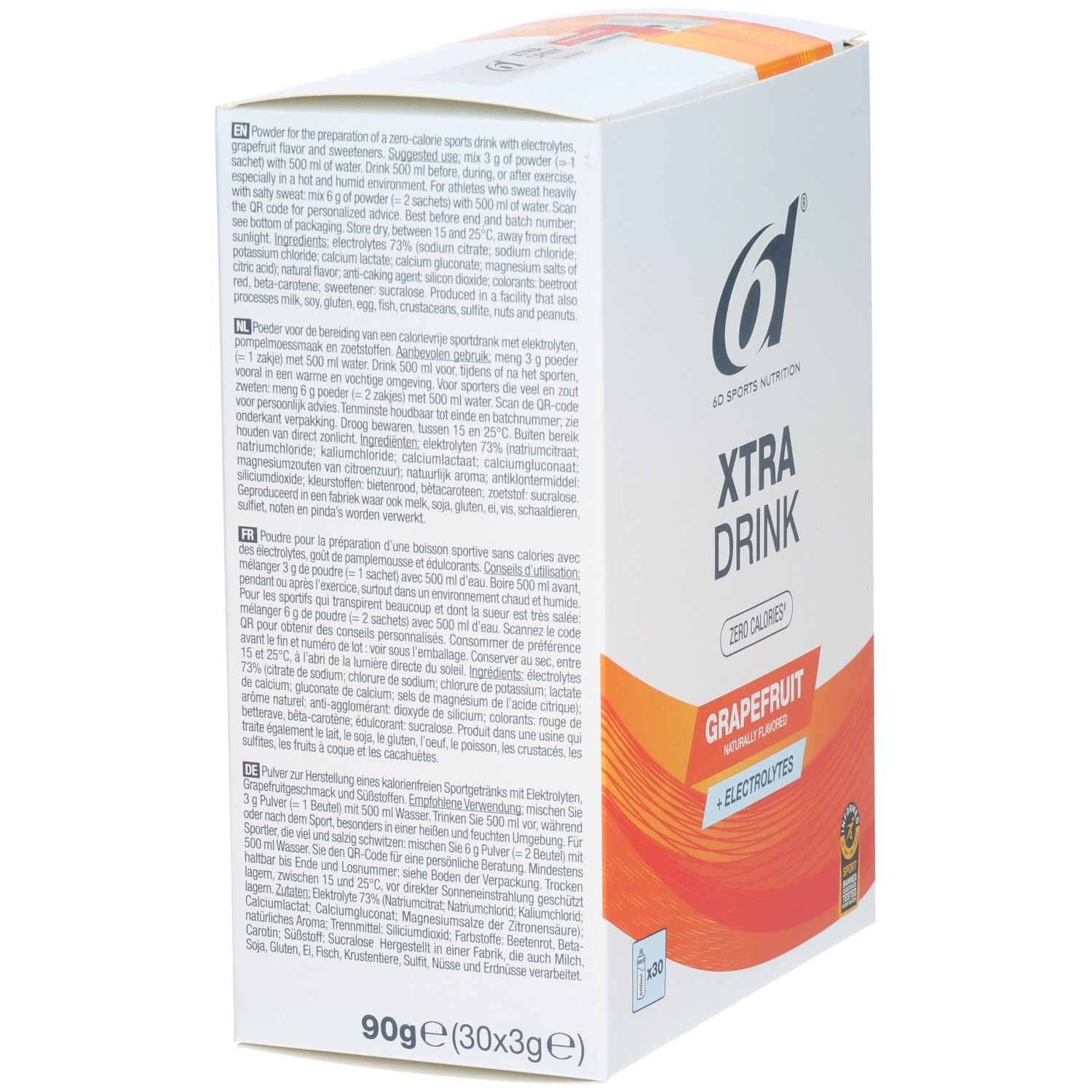 Rückseite der 6d Xtra Drink Grapefruit Pulver-Packung mit Nährwertangaben und Anwendungshinweisen.