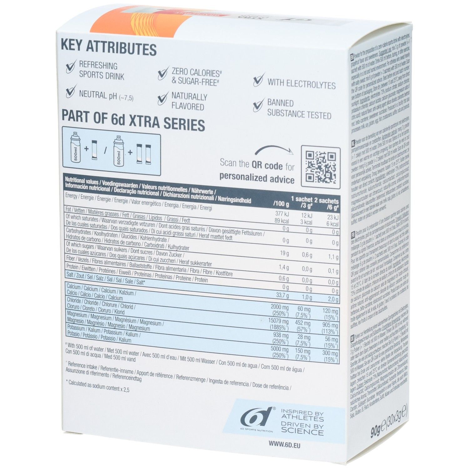 Seitenansicht der 6d Xtra Drink Grapefruit Pulver-Packung mit Key Attributes und QR-Code.