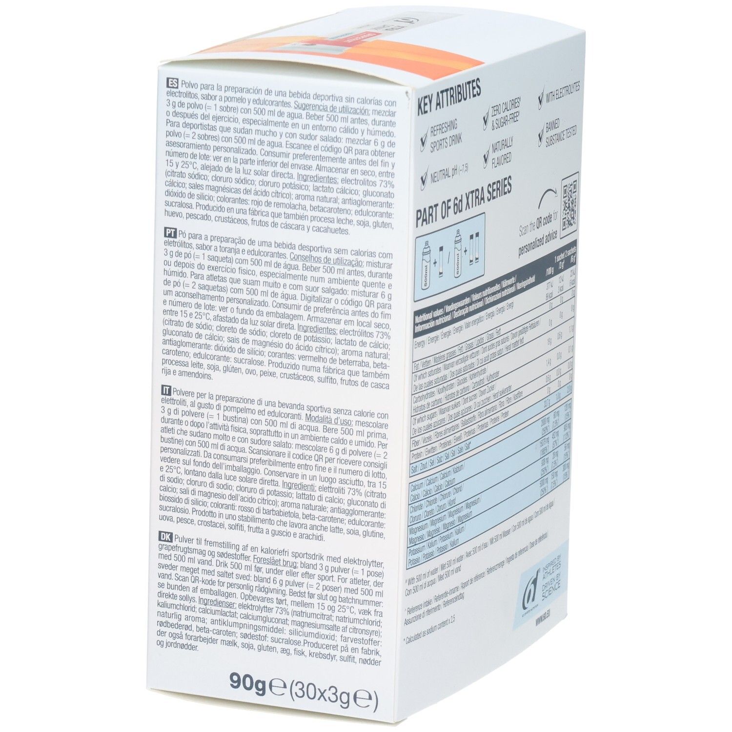Seitenansicht der 6d Xtra Drink Grapefruit Pulver-Packung mit mehrsprachigen Informationen.