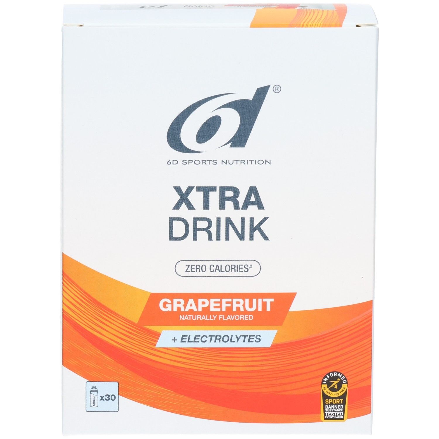 6d Xtra Drink Grapefruit Pulver-Packung mit 30 Beuteln, null Kalorien, mit Elektrolyten.