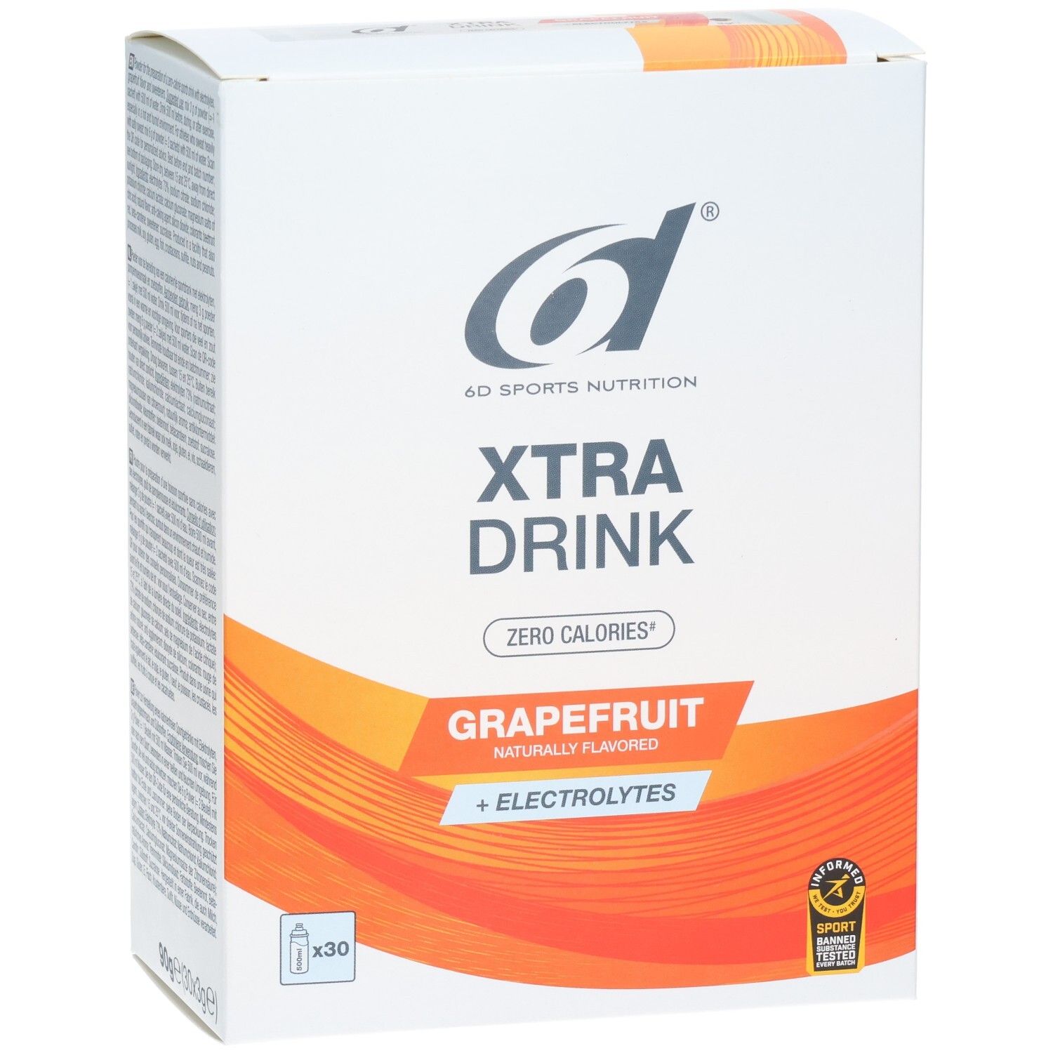 Vorderseite der 6d Xtra Drink Grapefruit Pulver-Packung mit Logo, Geschmack und Elektrolyten.