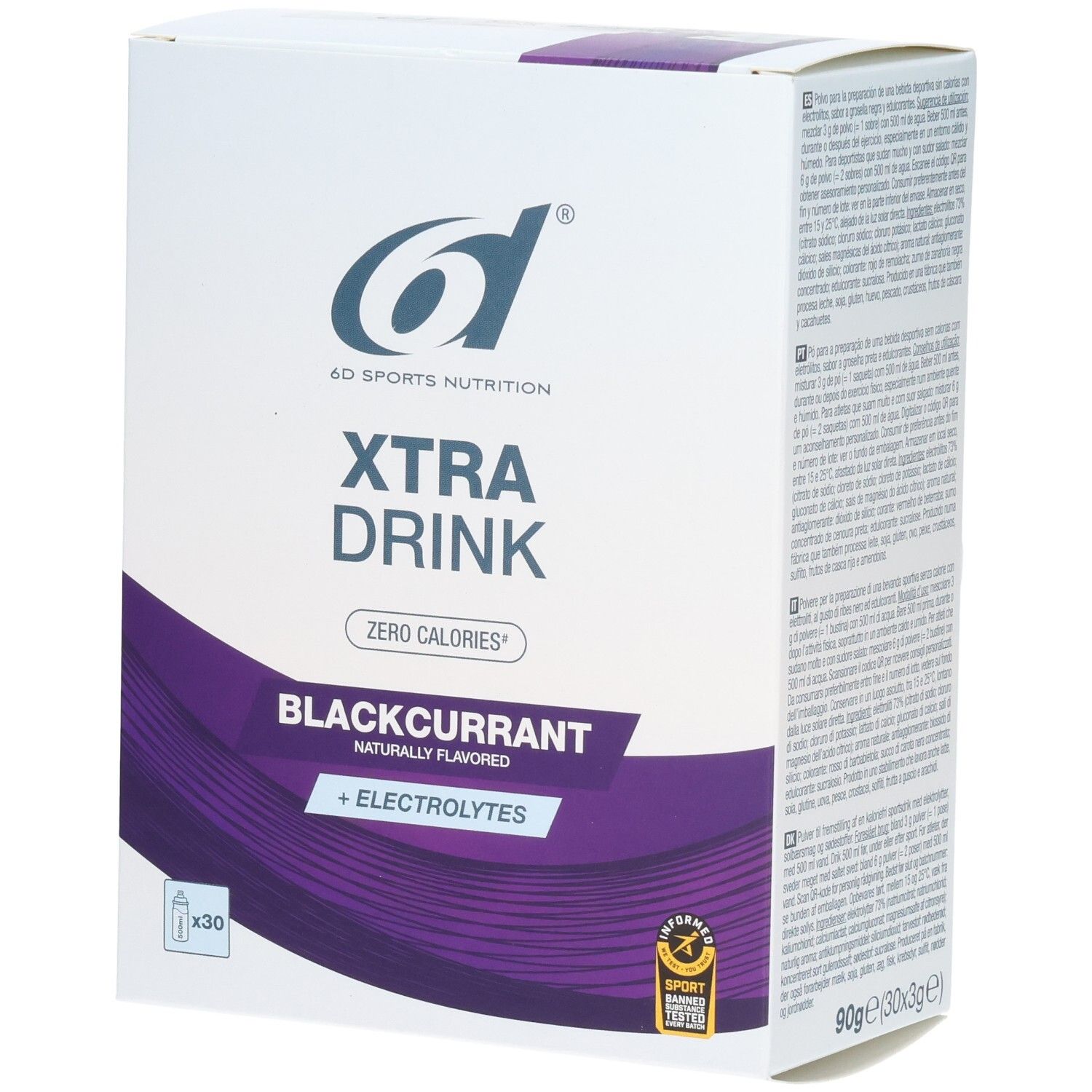6d Xtra Drink Blackcurrant Pulverbox mit 30 Beuteln, Zero Calories, mit Elektrolyten.
