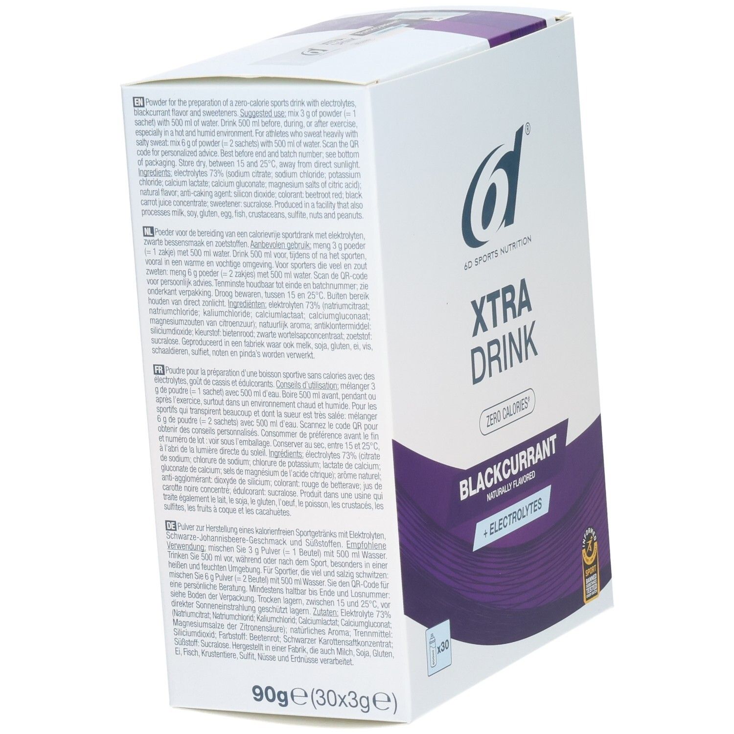 6d Xtra Drink Blackcurrant Pulverbox mit 30 Beuteln, Zero Calories, mit Elektrolyten.