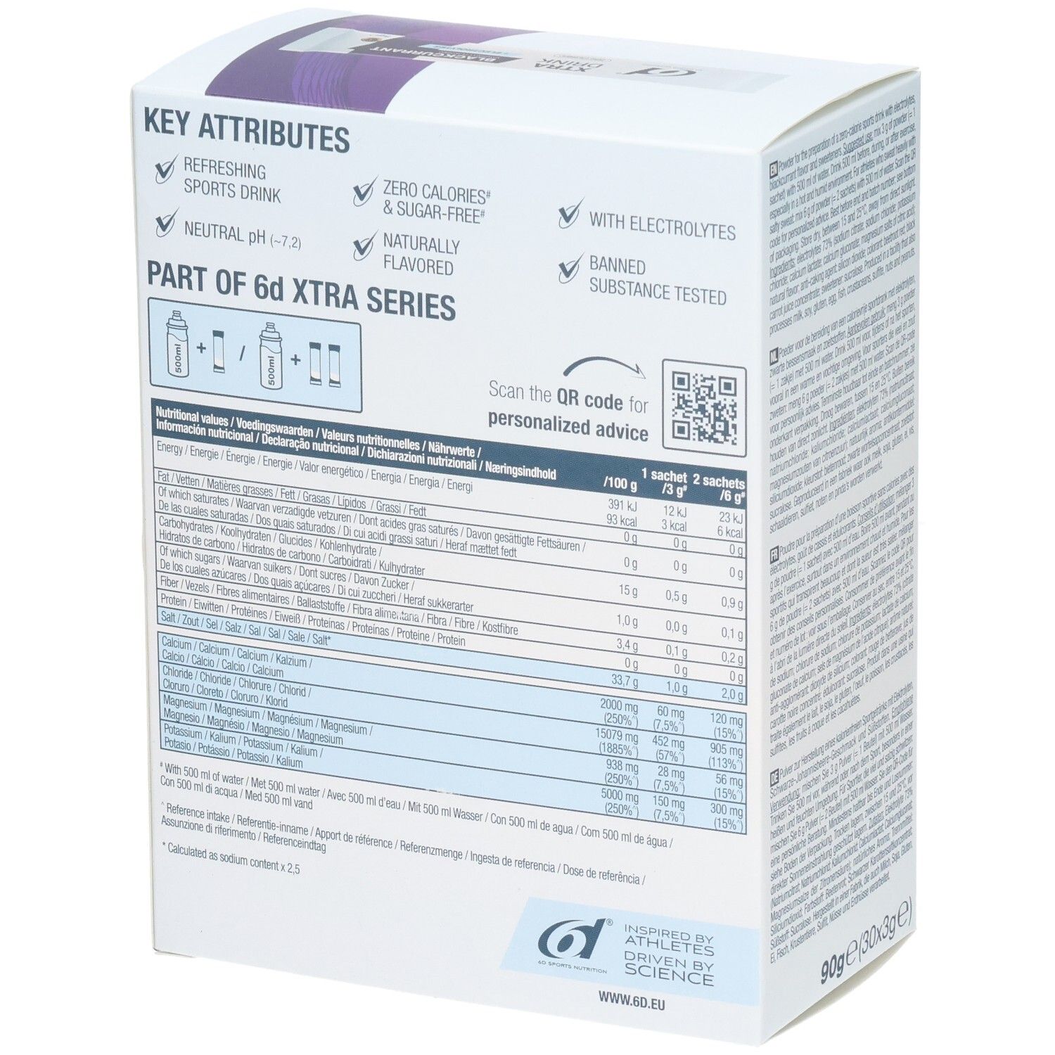 Rückseite der 6d Xtra Drink Blackcurrant Pulverbox mit Nährwertangaben und Key Attributes.