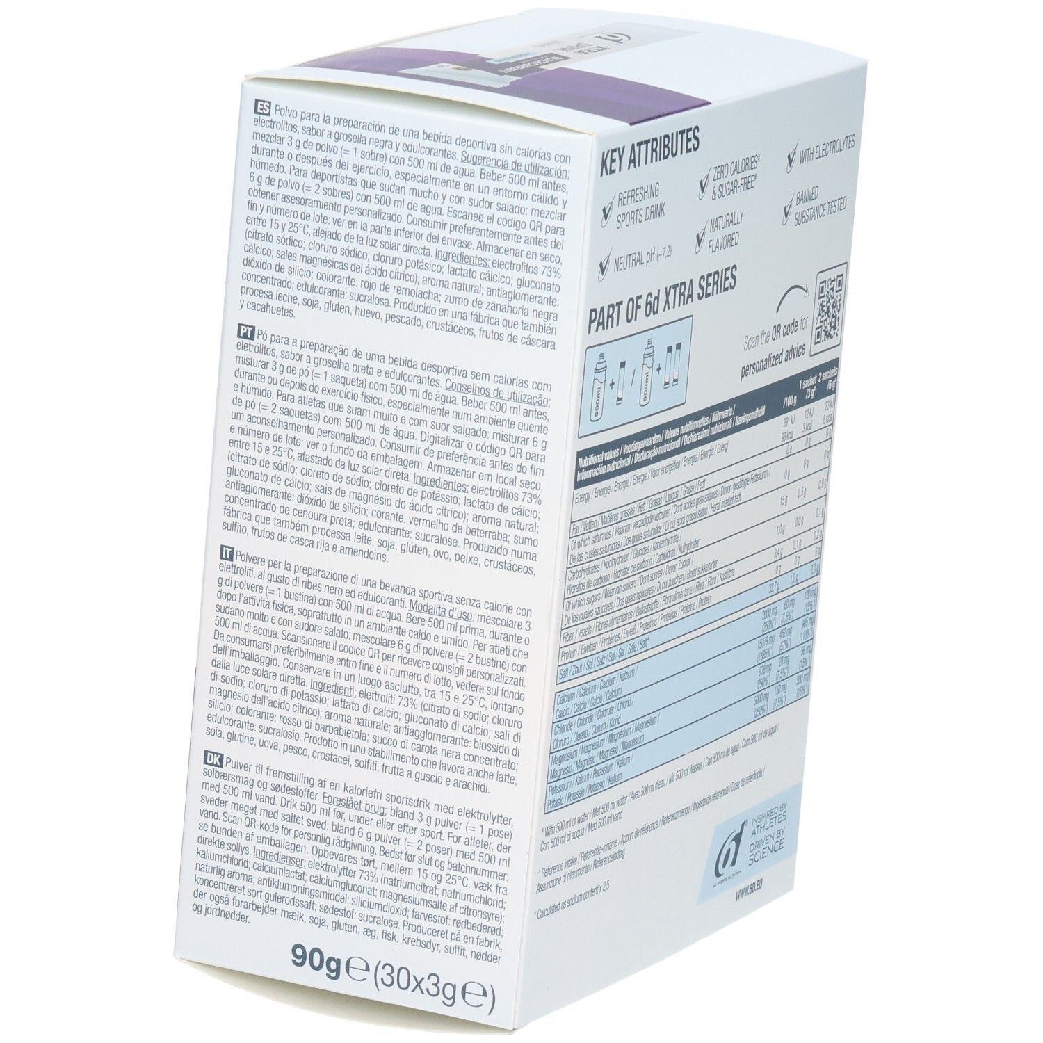 Seitenansicht der 6d Xtra Drink Blackcurrant Pulverbox mit detaillierten Informationen.