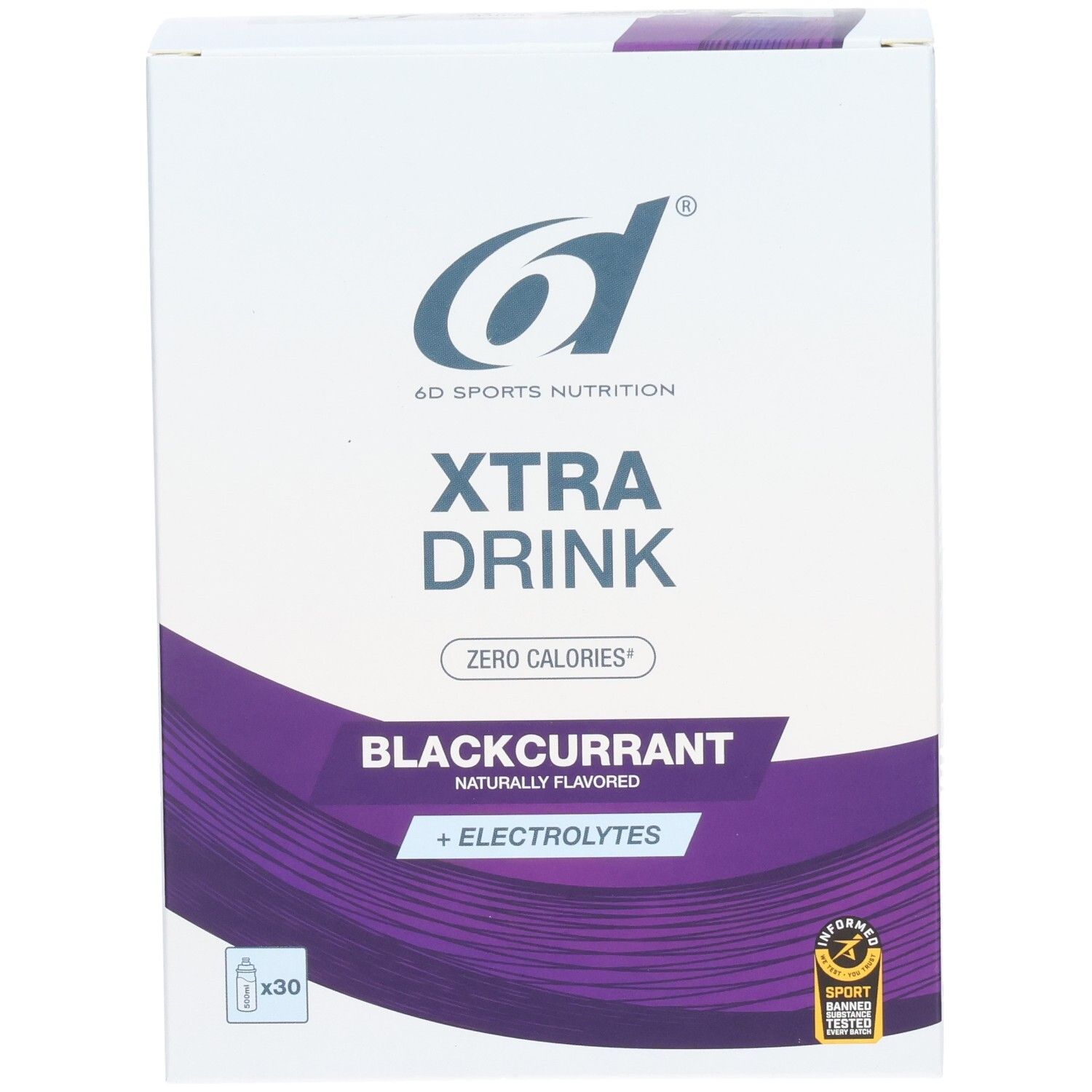 6d Xtra Drink Blackcurrant Pulverbox mit 30 Beuteln, Zero Calories, mit Elektrolyten.