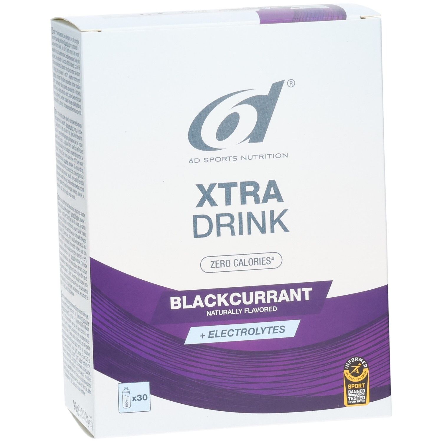 6d Xtra Drink Blackcurrant Pulverbox mit 30 Beuteln, Zero Calories, mit Elektrolyten.