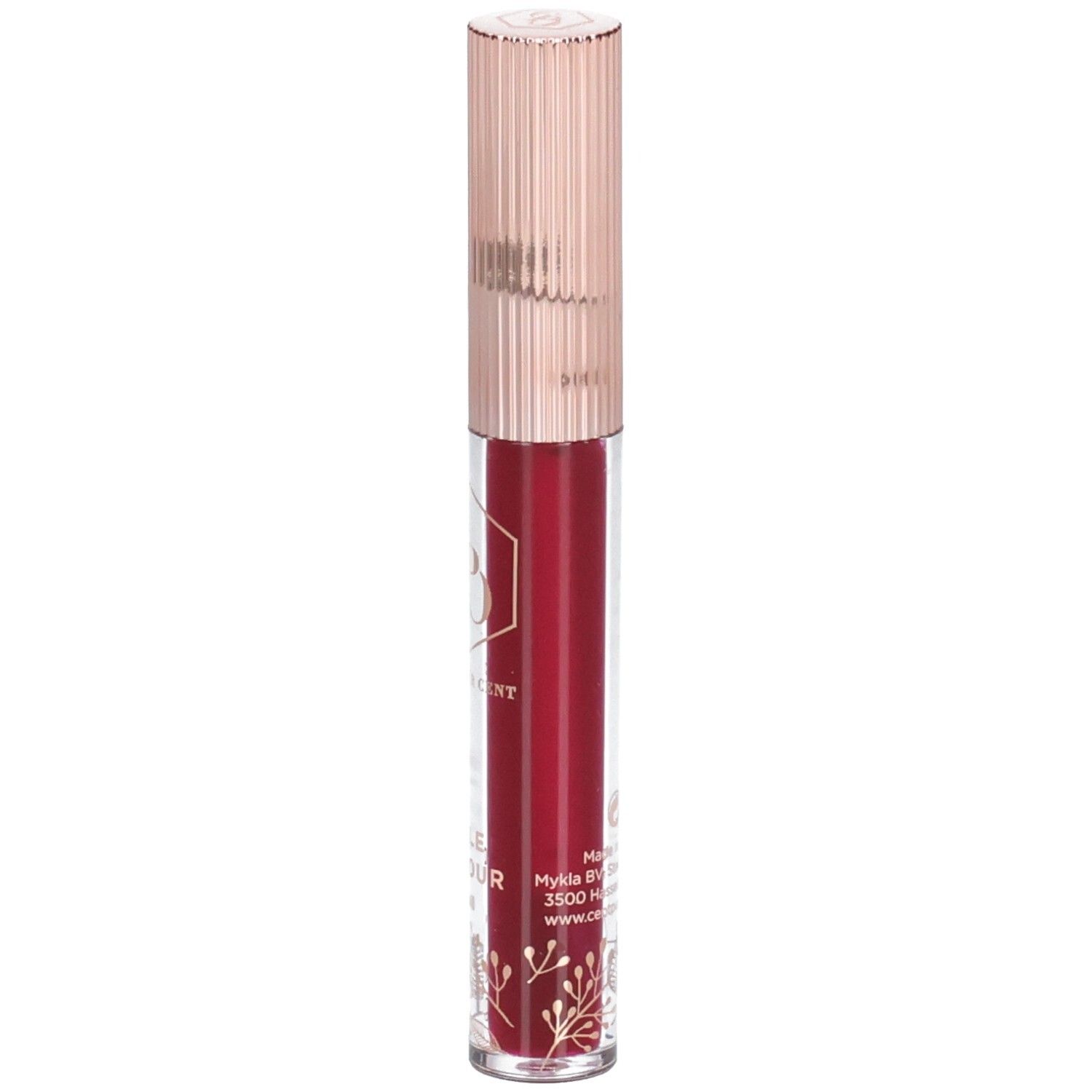 Huile à lèvres dans un flacon transparent avec un bouchon or rose. Le contenu est rouge. Des décorations dorées sont visibles sur le flacon.