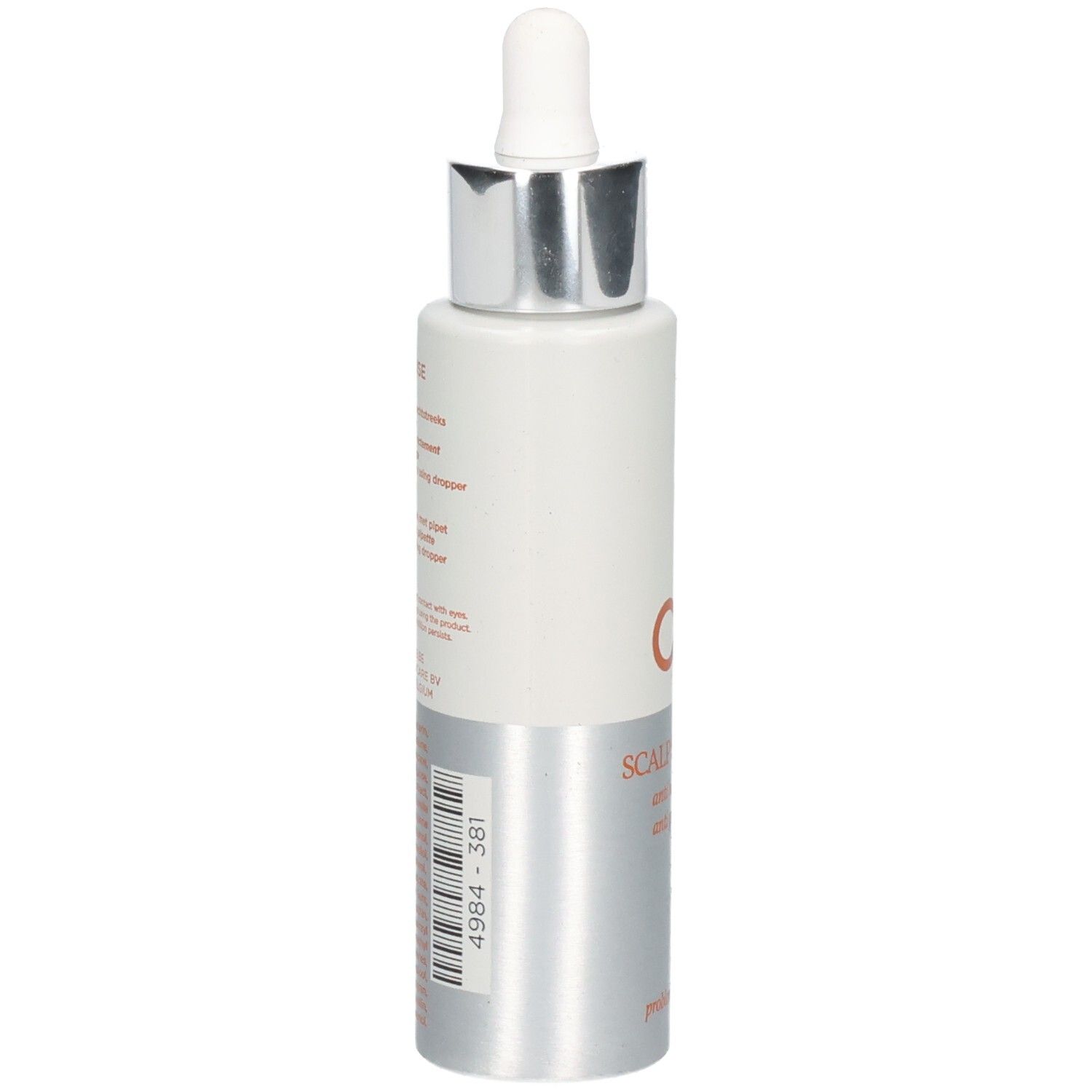 Rückseite einer Flasche Oy Scalp Serum mit Inhaltsstoffen und Barcode.