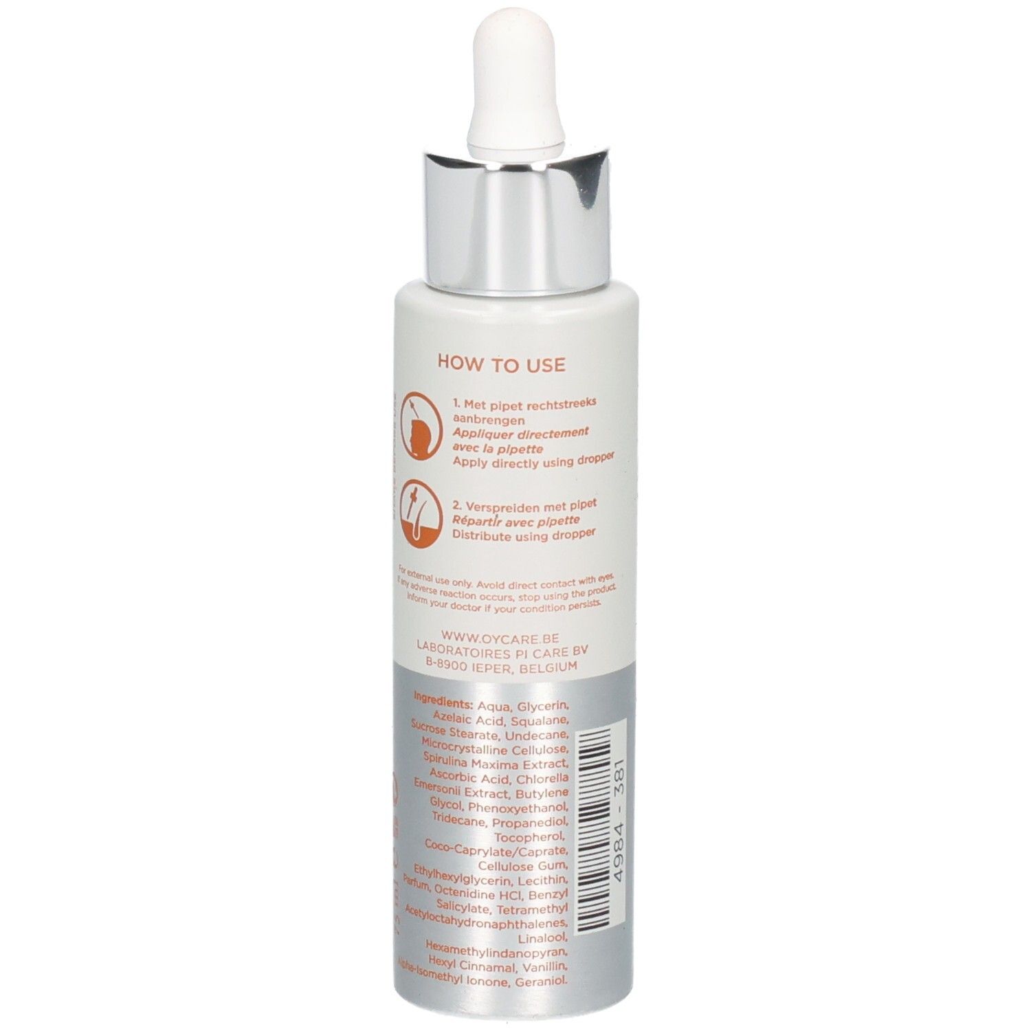 Rückseite einer Flasche Oy Scalp Serum mit Anwendungshinweisen und Inhaltsstoffen.