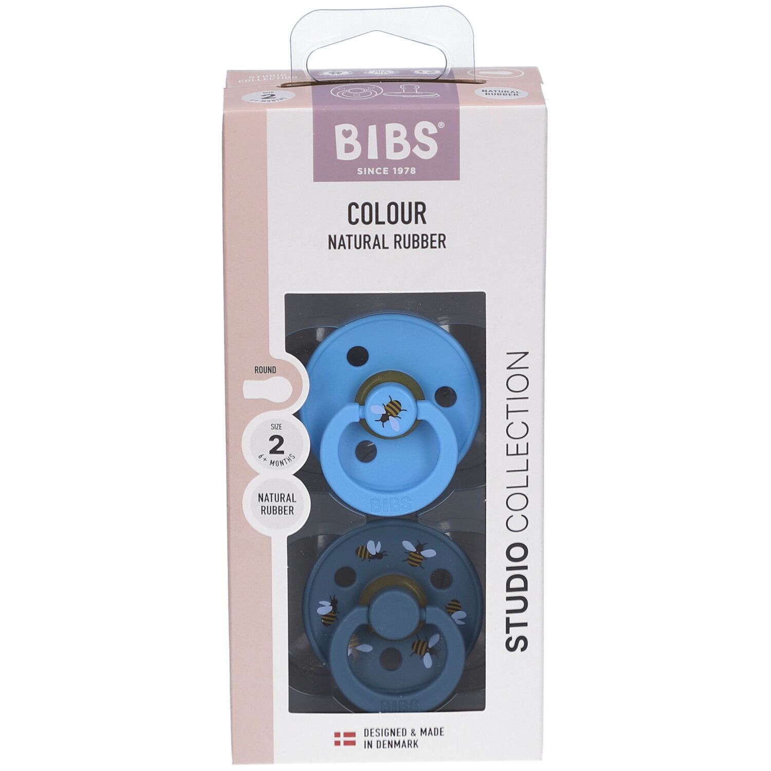 Verpackung mit zwei Schnullern. BIBS-Logo, Farbe, Naturkautschuk. Runde Form, 6-18 Monate. Bumblebee Breeze.