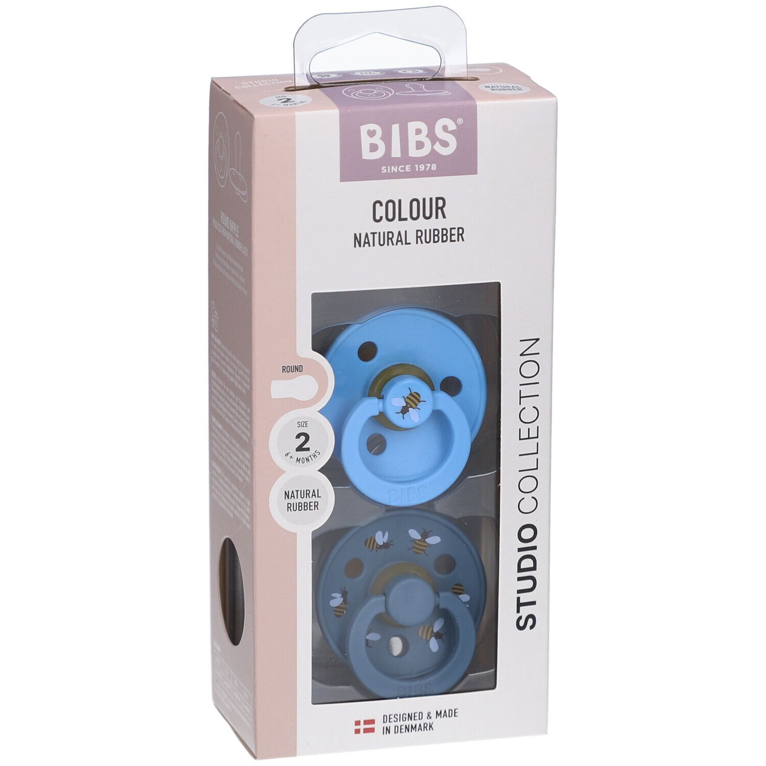 Verpackung mit zwei Schnullern. BIBS-Logo, Farbe, Naturkautschuk. Runde Form, 6-18 Monate. Bumblebee Breeze.