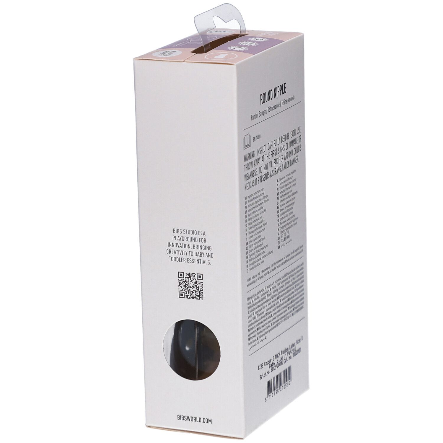 Seitenansicht der Verpackung. Marke BIBS. Text: "ROUND NIPPLE".