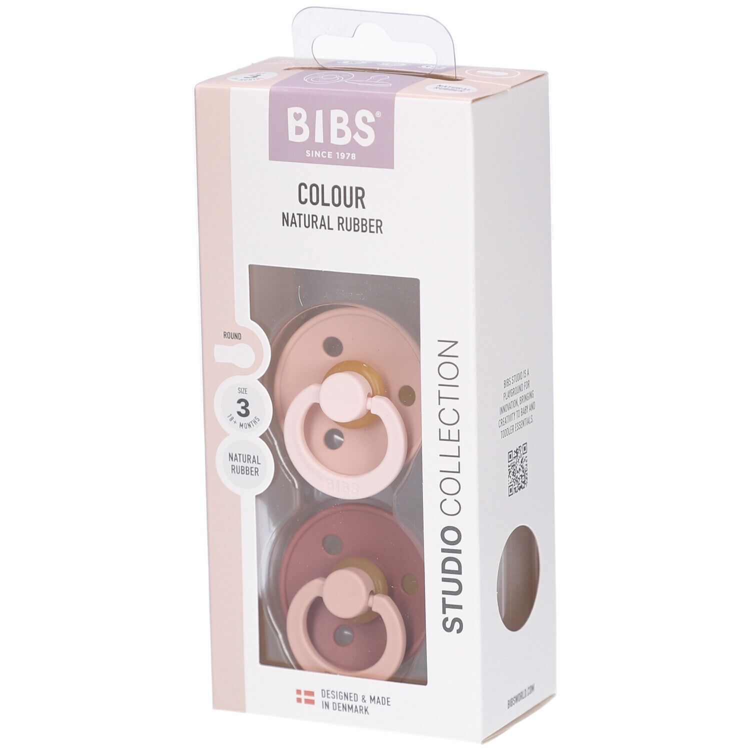 Verpackung mit zwei Schnullern. BIBS-Logo und Produktbezeichnung. Sichtfenster zeigt Schnuller in Rosa- und Brauntönen. Größe 3.