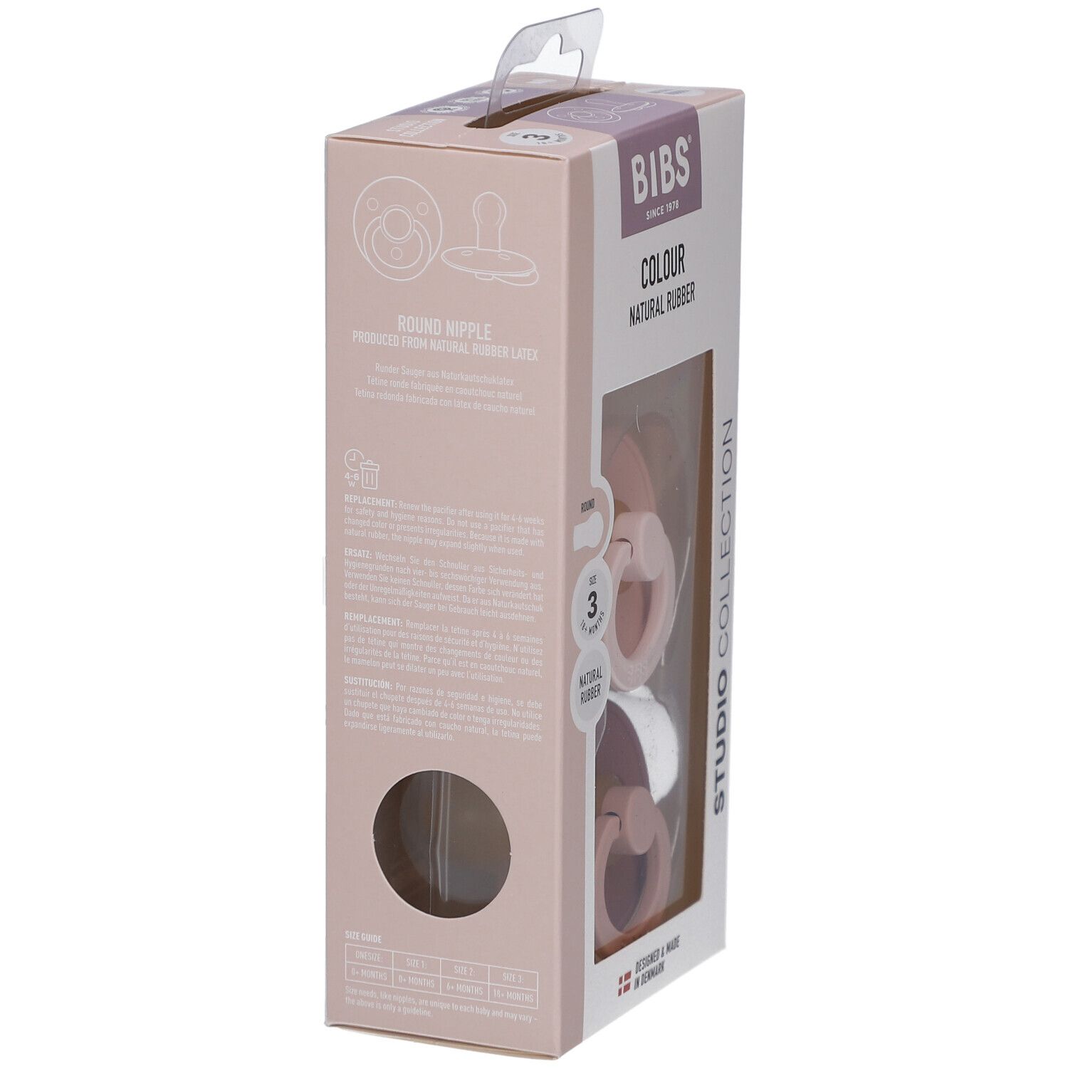 Seitenansicht der Verpackung. BIBS-Logo, Produktinformationen und Text. Sichtfenster zeigt Schnuller. Hergestellt in Dänemark.