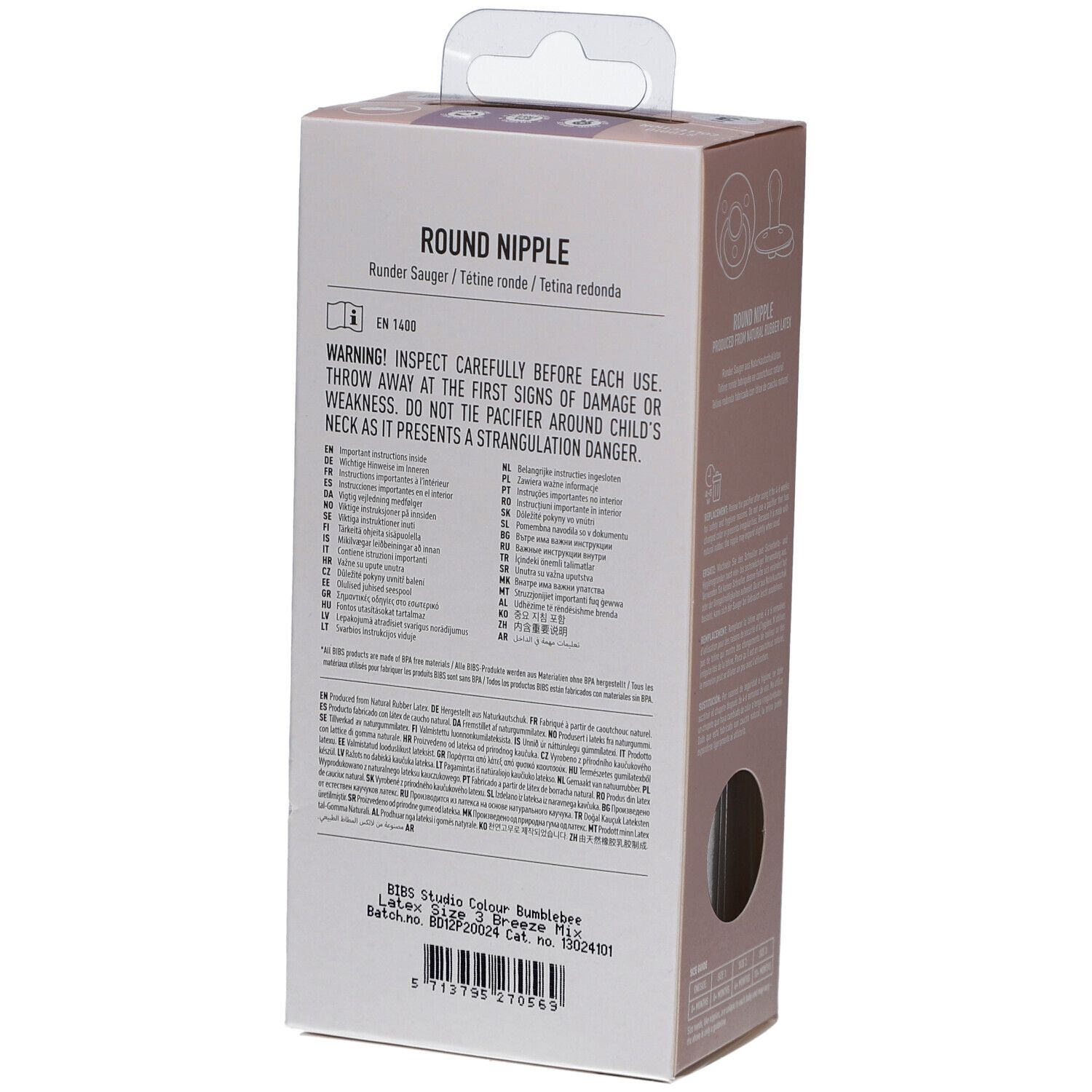 Rückseite der Verpackung mit Text. Warnhinweise und Informationen zu den Schnullern. Marke BIBS.