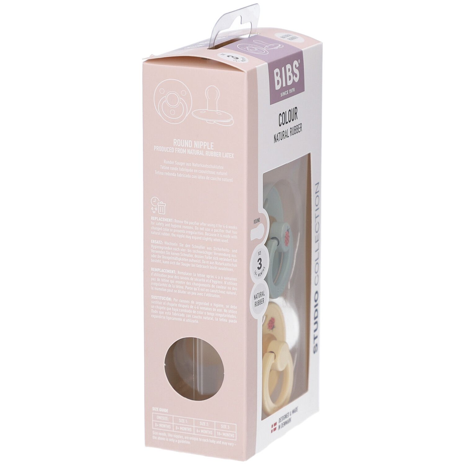 Verpackung mit zwei Schnullern. Marke BIBS. Sichtbar: Schnuller, Alter 18+ Monate, Naturkautschuk.