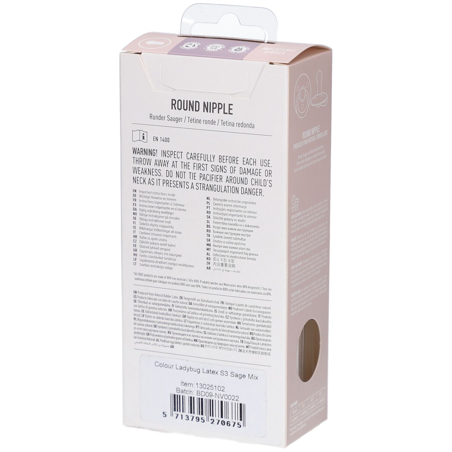 Rückseite der Verpackung. Text: Warnhinweise, Inhaltsstoffe, Chargennummer. Marke BIBS.