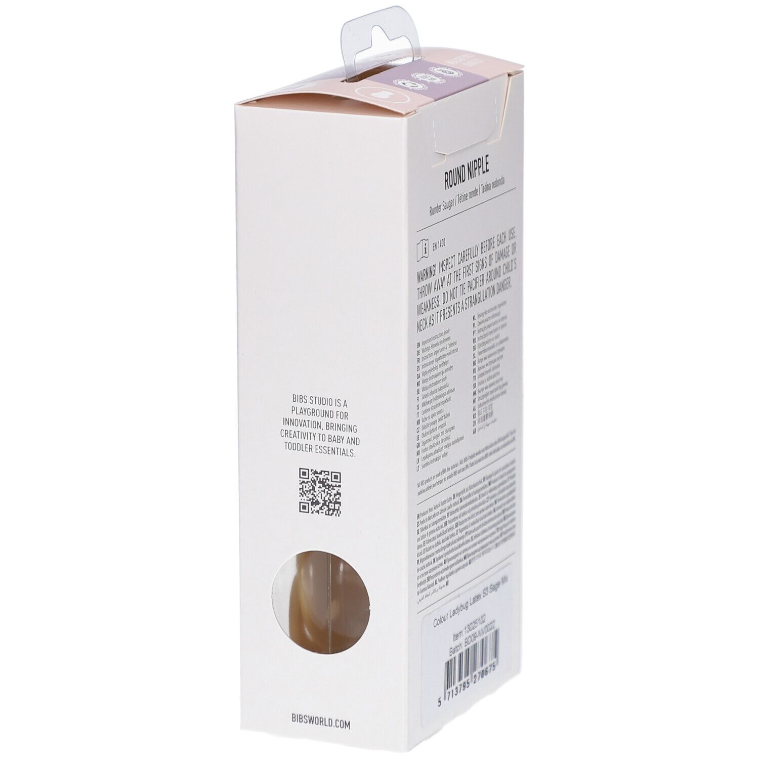 Seitenansicht der Verpackung. Text: BIBS Studio, QR-Code, Informationen. Marke BIBS.