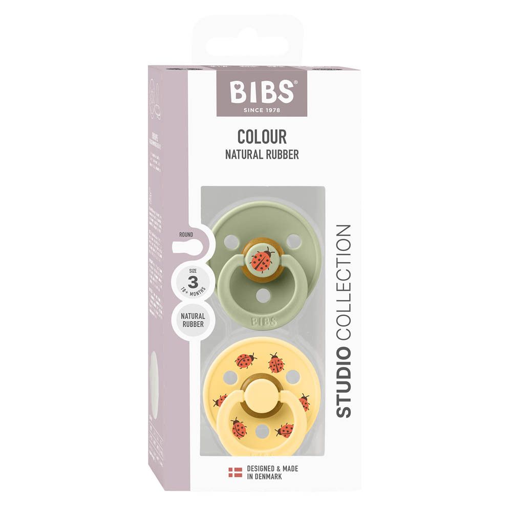 Boîte de deux sucettes BIBS. Vert et jaune, motifs coccinelles. Caoutchouc naturel.