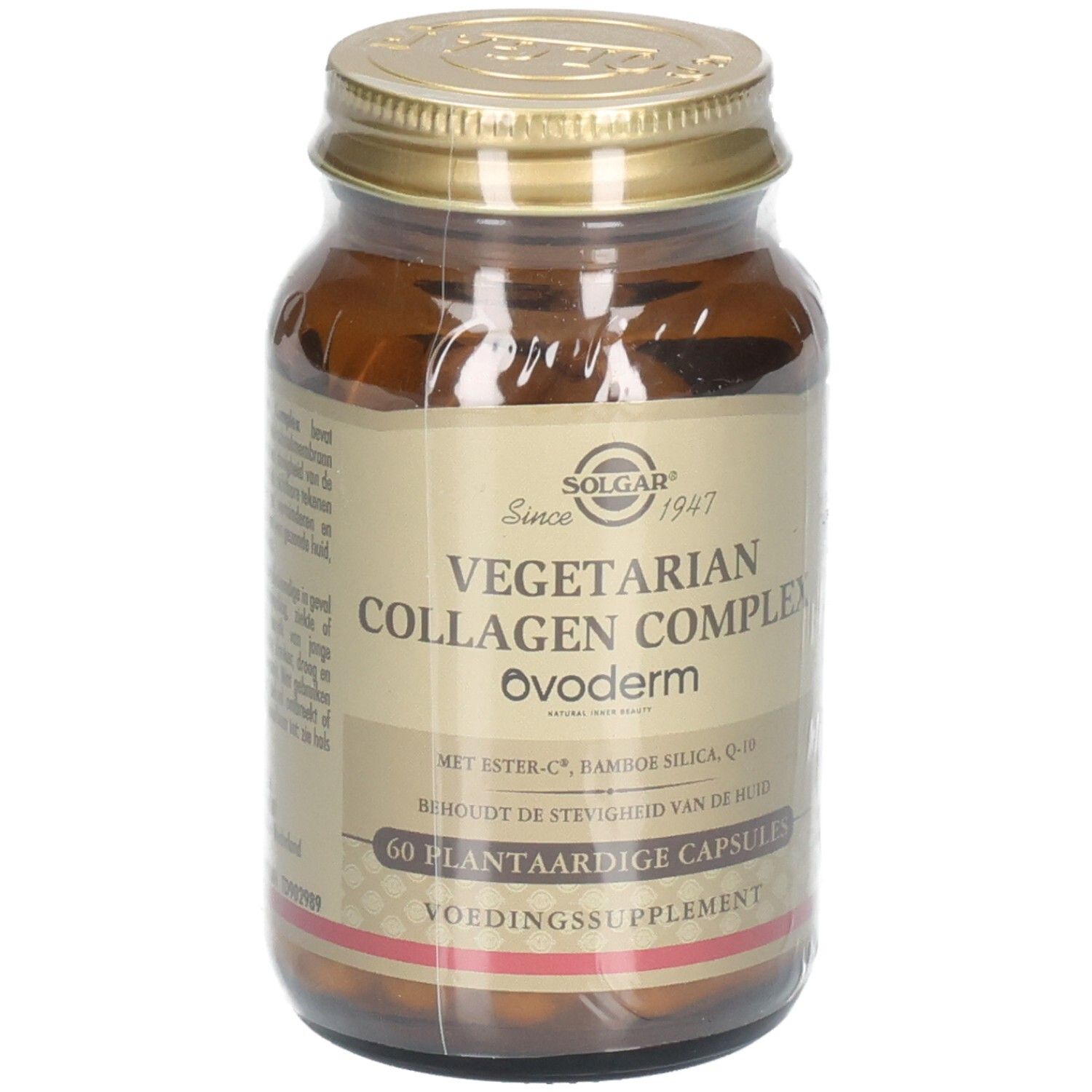 Braune Glasflasche mit goldfarbenem Deckel. Etikett mit Produktinformationen. Enthält 60 Kapseln.