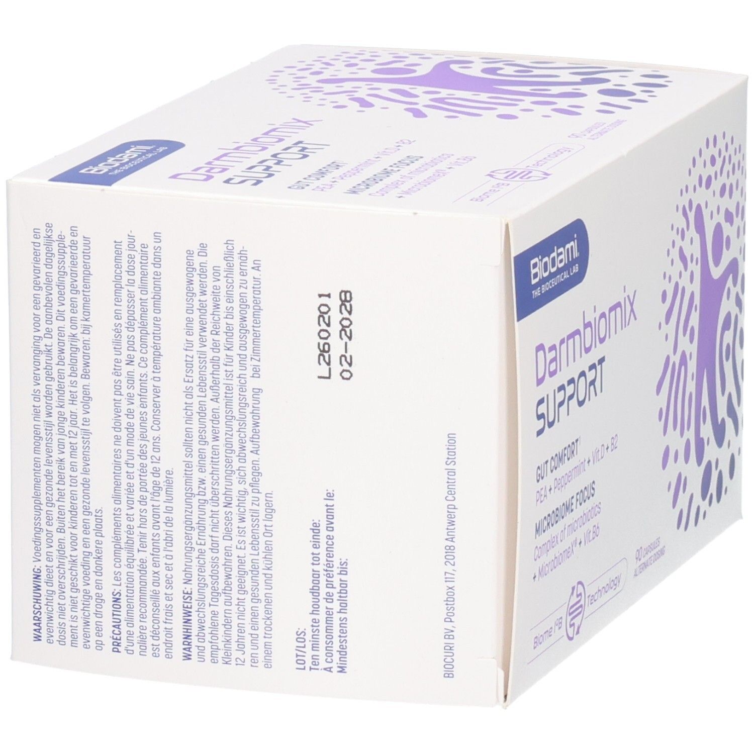 Weißer Karton Darmbiomix SUPPORT. Logo Biodami. Text und Chargennummer. Seitenansicht. Produktinformationen in mehreren Sprachen.