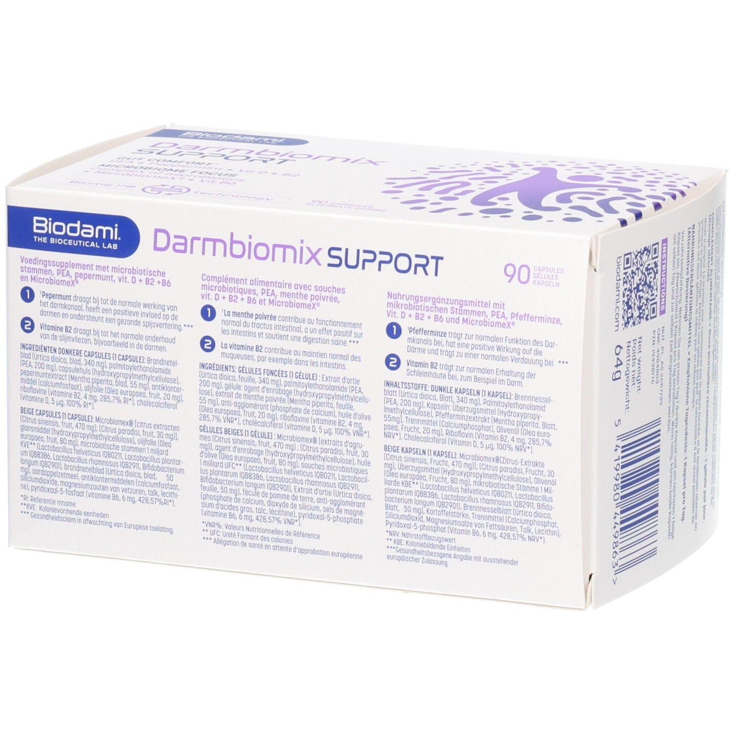 Rückseite des weißen Kartons Darmbiomix SUPPORT. Produktinformationen in mehreren Sprachen. 90 Kapseln. Logo Biodami.