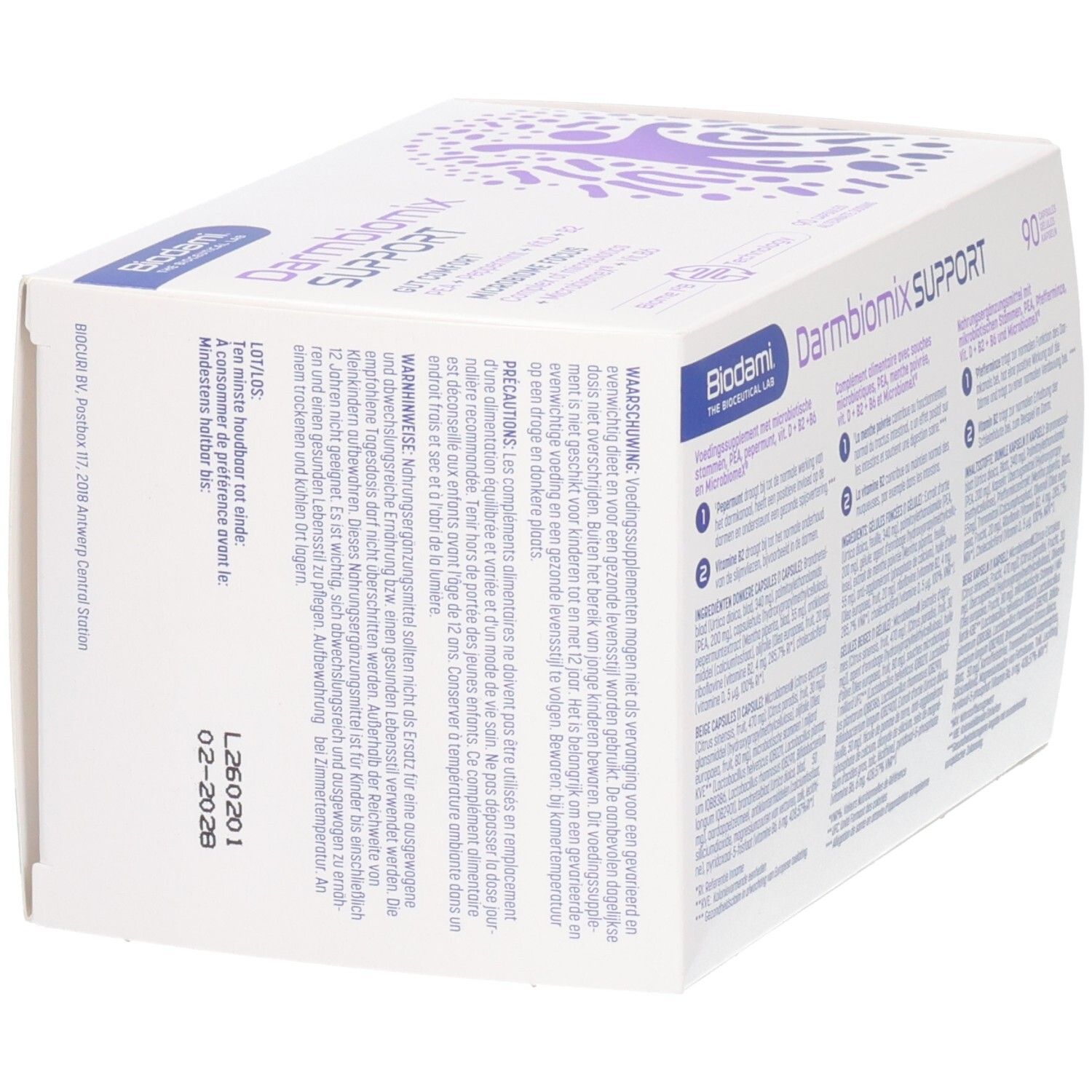 Weißer Karton Darmbiomix SUPPORT. Logo Biodami. Text und Chargennummer. Seitenansicht. Produktinformationen in mehreren Sprachen.