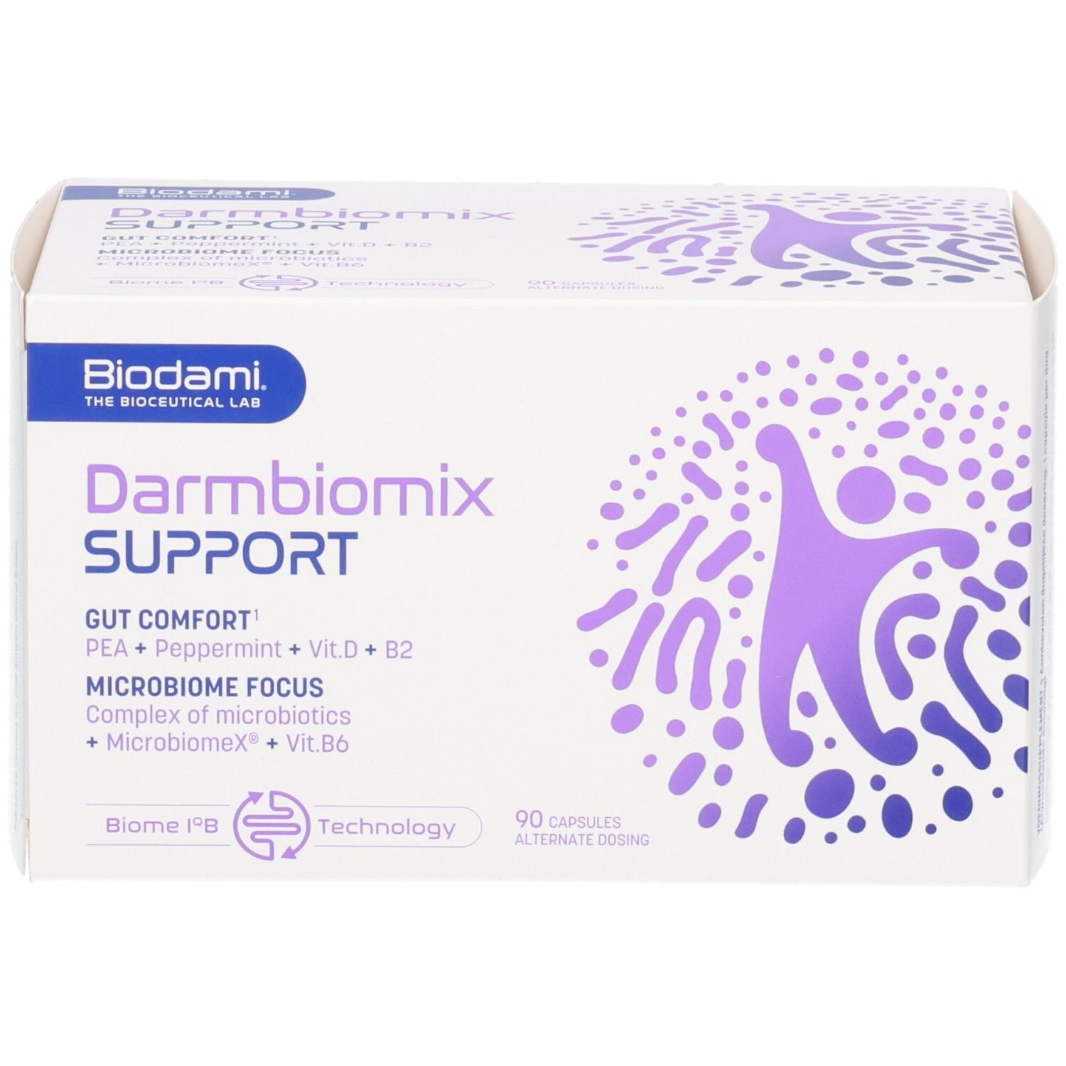 Weißer Karton Darmbiomix SUPPORT. Logo Biodami. Lila Grafik. 90 Kapseln. Text: Gut Comfort, PEA + Pfefferminze + Vit.D + B2.