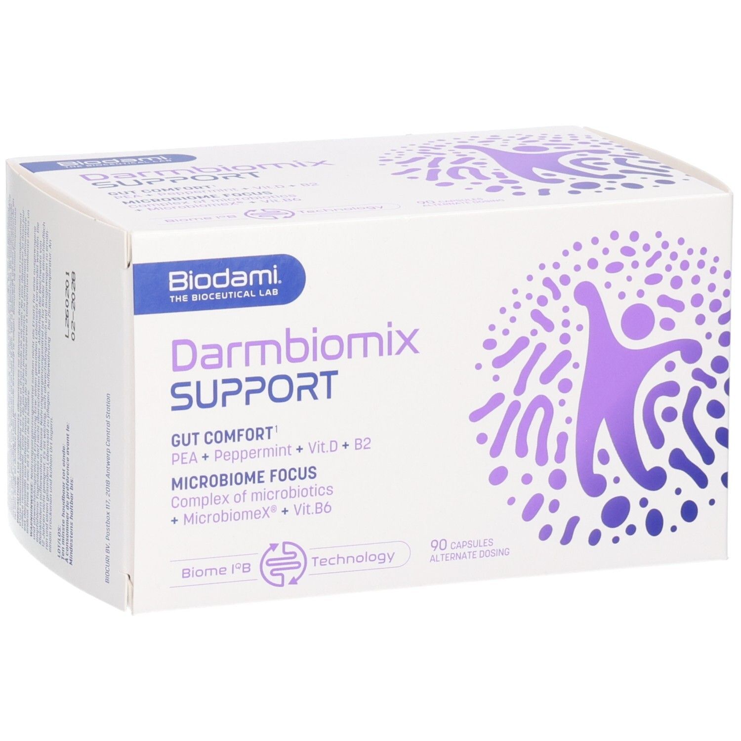 Weißer Karton Darmbiomix SUPPORT. Logo Biodami. Lila Grafik. 90 Kapseln. Text: Gut Comfort, PEA + Pfefferminze + Vit.D + B2.
