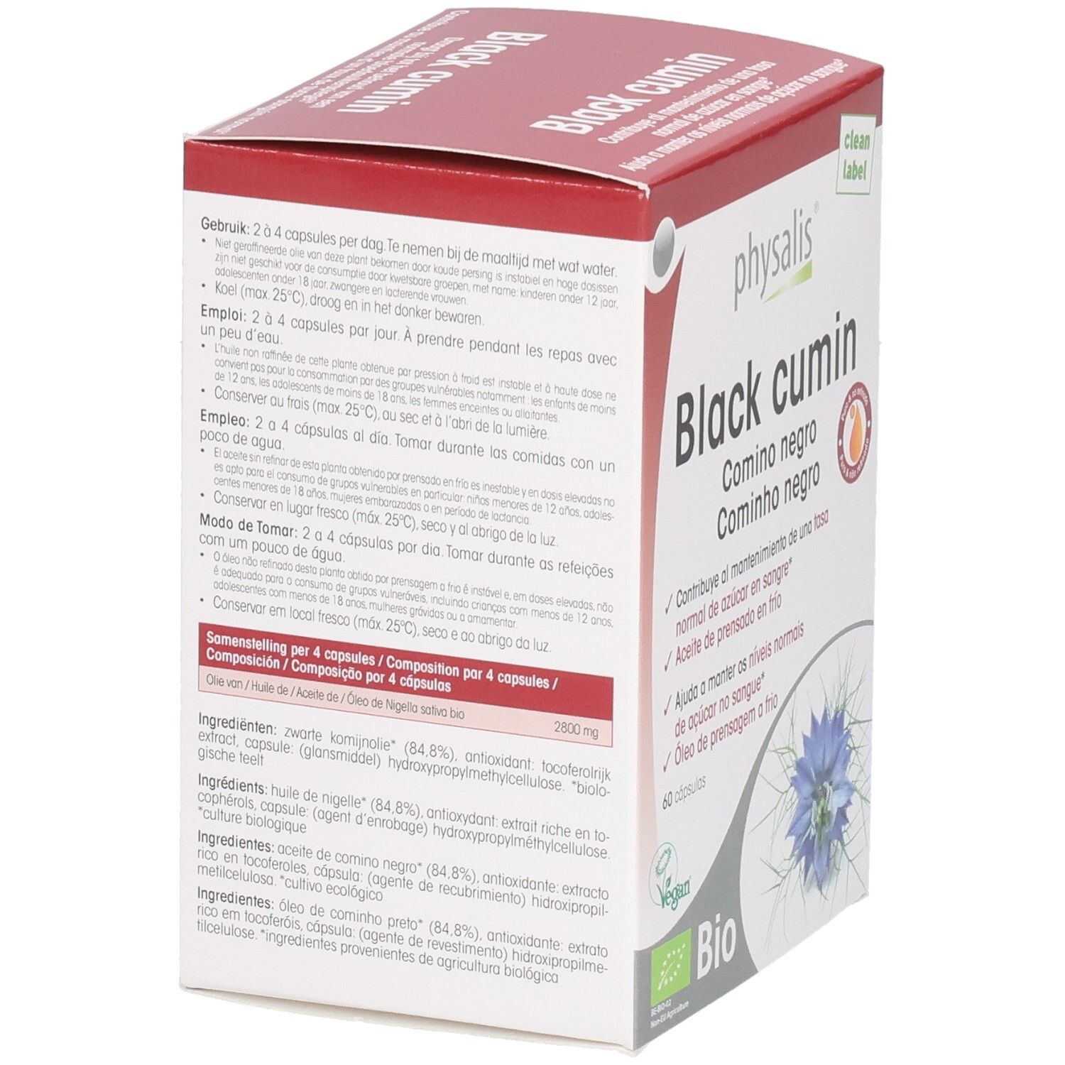 Rückseite der Verpackung von Physalis Black Cumin Kapseln. Text in mehreren Sprachen. Enthält Inhaltsstoffe und Dosierung.