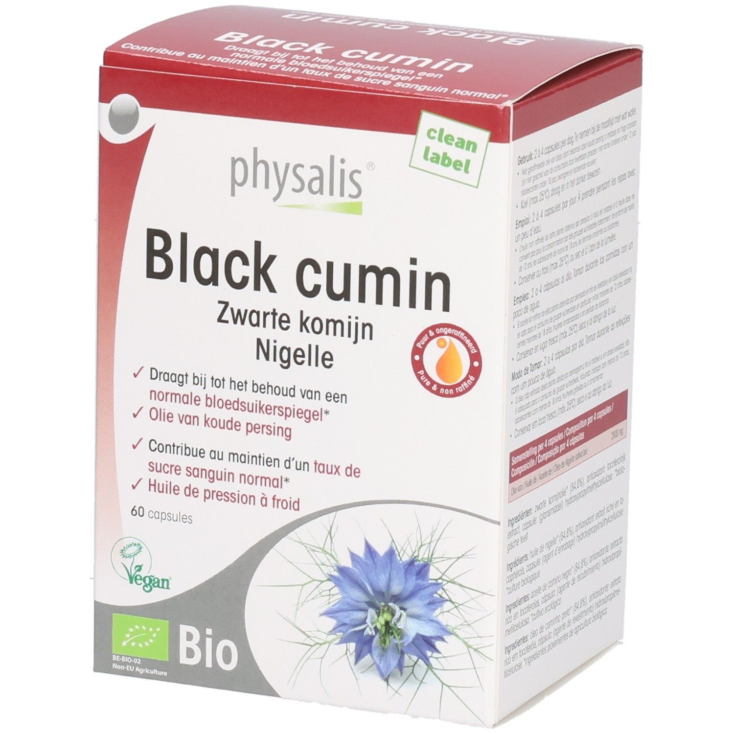 Verpackung von Physalis Black Cumin Kapseln. Enthält 60 Kapseln. Mit Bio-Siegel und Vegan-Logo. Zwarte komijn.