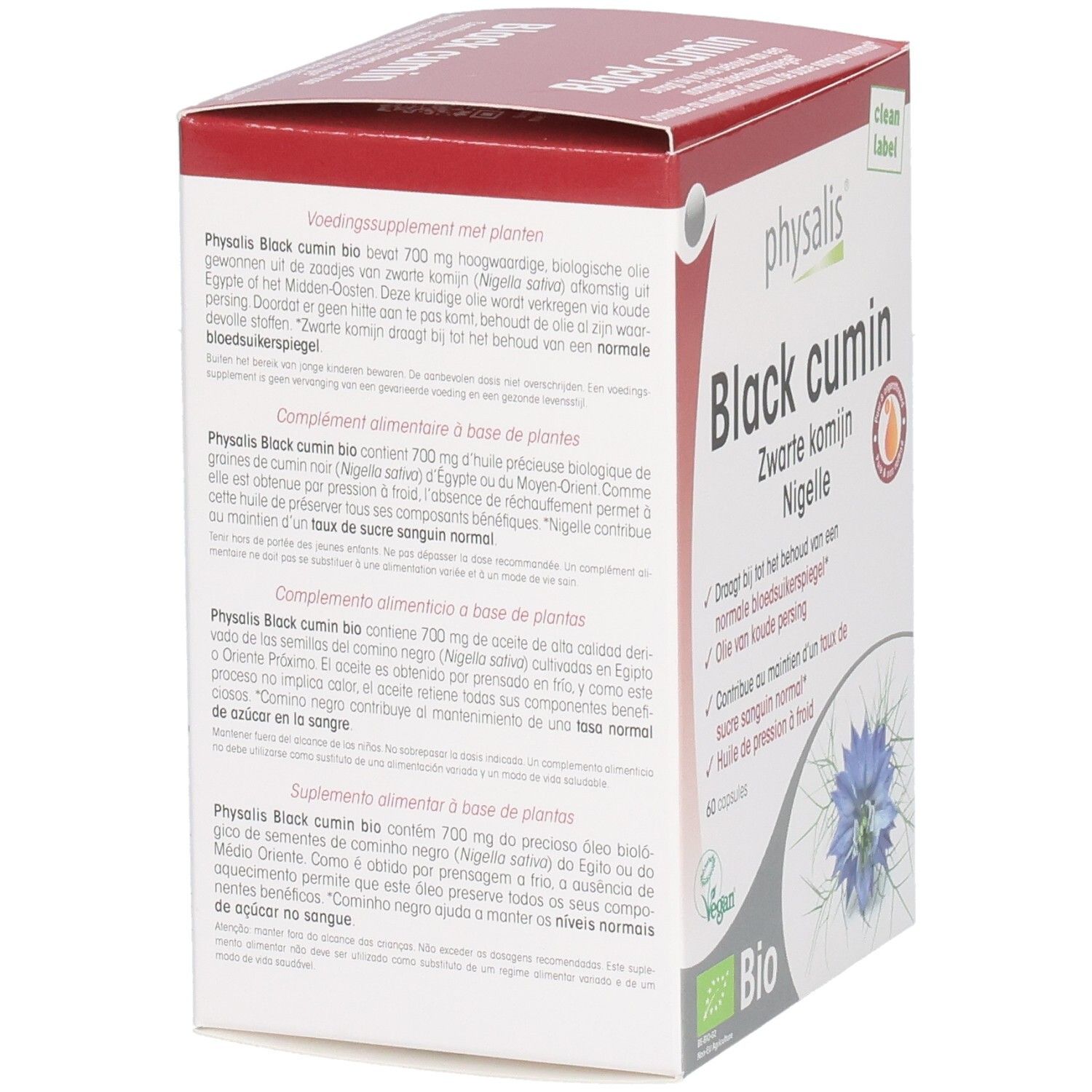Rückseite der Verpackung von Physalis Black Cumin Kapseln. Text in mehreren Sprachen. Enthält Inhaltsstoffe und Dosierung.