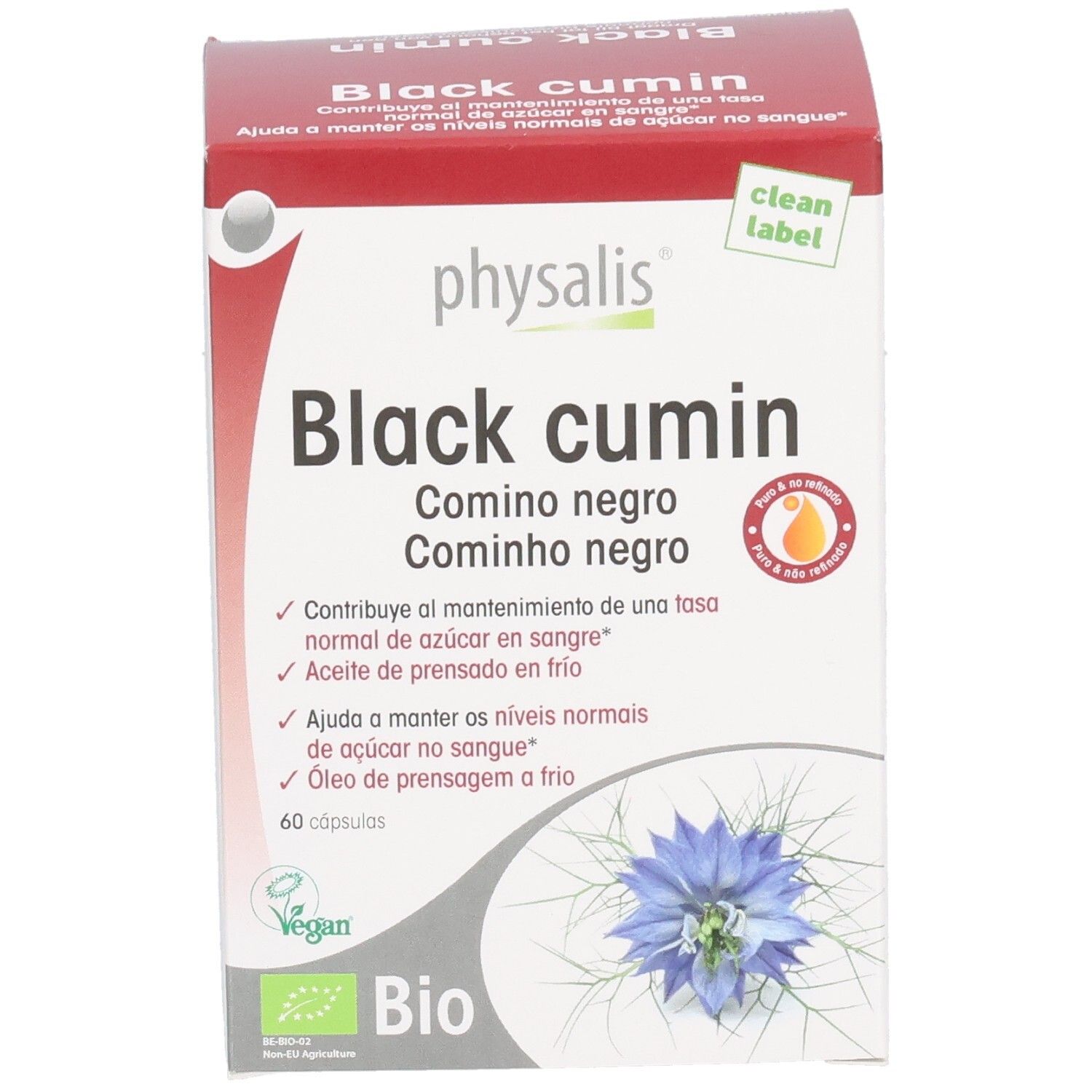 Verpackung von Physalis Black Cumin Kapseln. Enthält 60 Kapseln. Mit Bio-Siegel und Vegan-Logo. Comino negro.