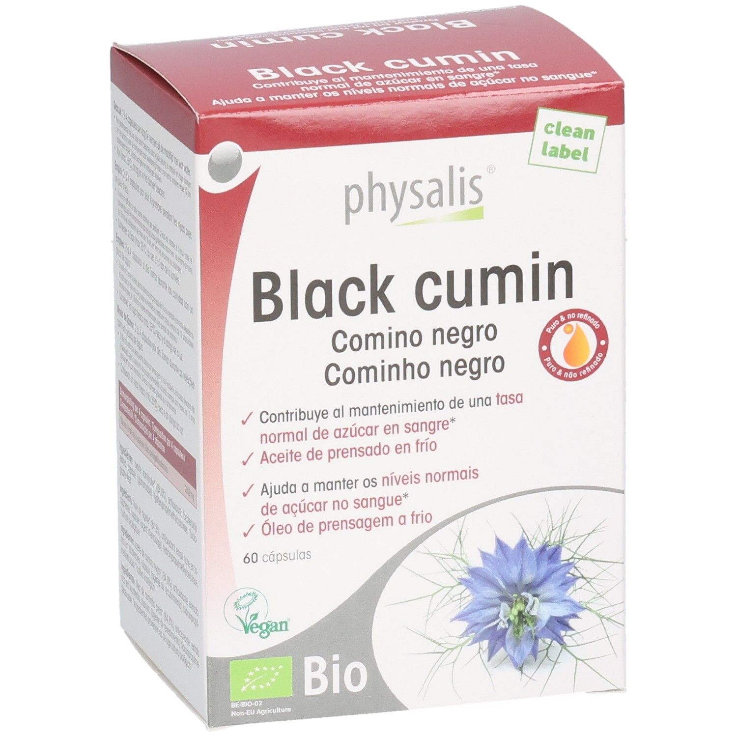 Verpackung von Physalis Black Cumin Kapseln. Enthält 60 Kapseln. Mit Bio-Siegel und Vegan-Logo. Comino negro.
