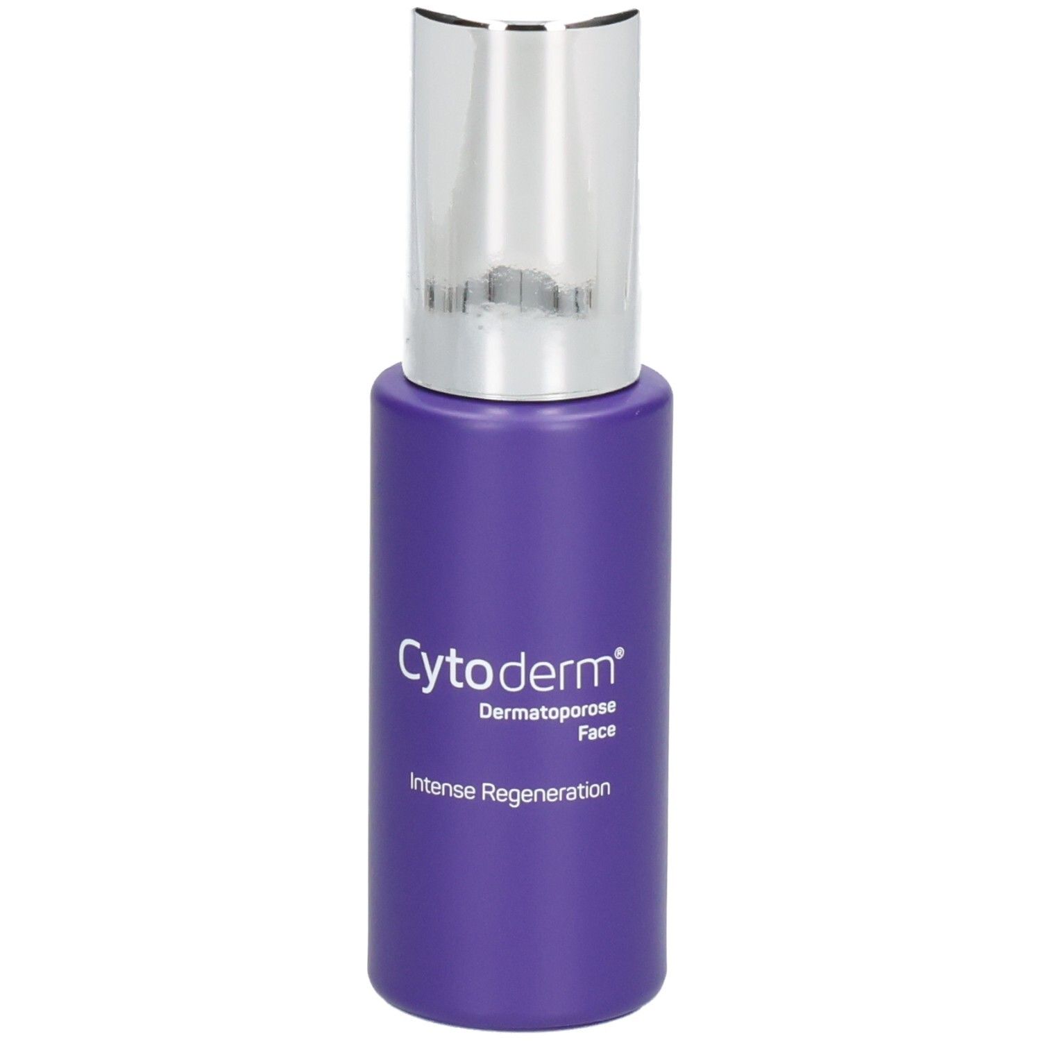 Violette Flasche mit silbernem Deckel. Aufschrift: Cytoderm Dermatoporose Face, Intense Regeneration.