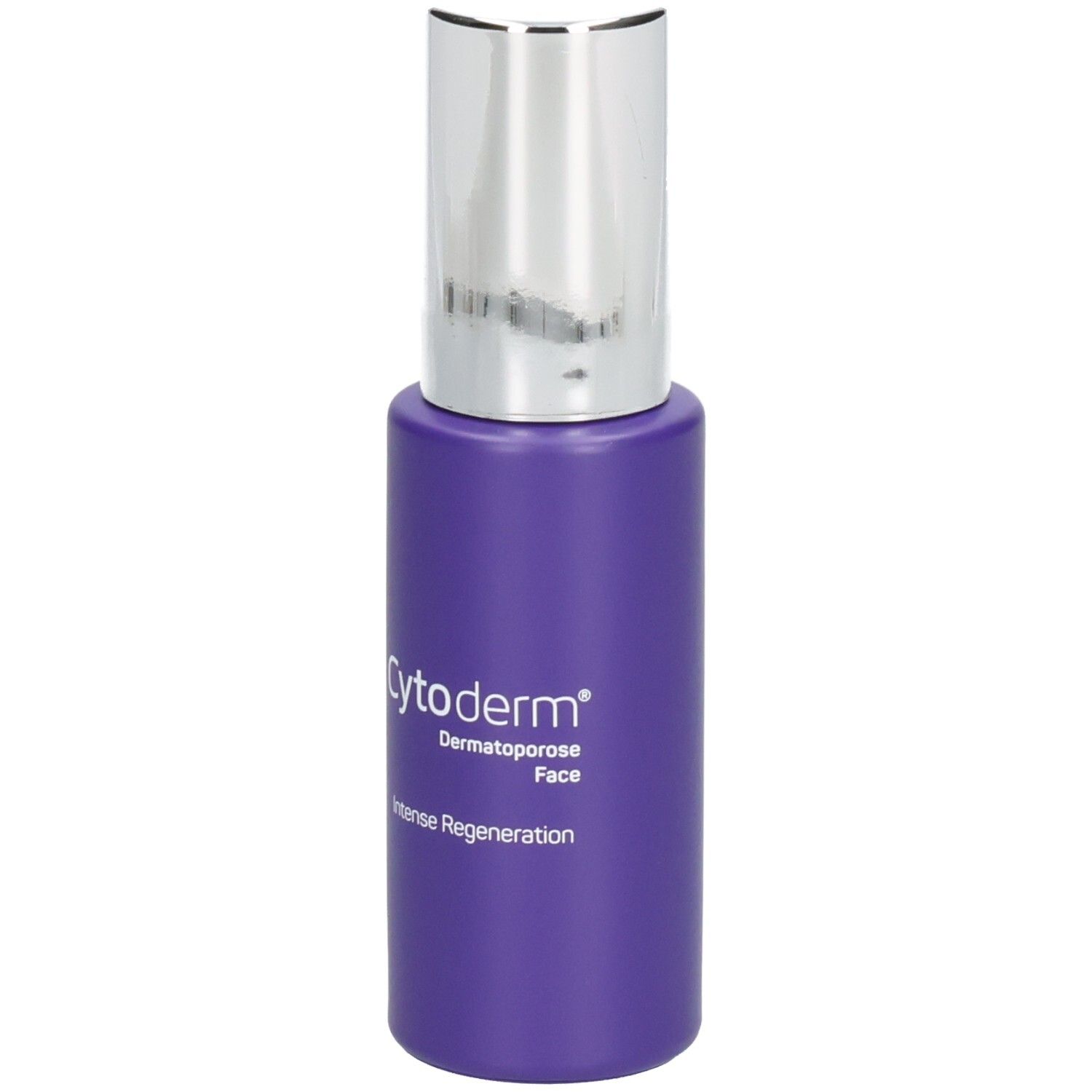 Violette Flasche mit silbernem Deckel. Aufschrift: Cytoderm Dermatoporose Face, Intense Regeneration.