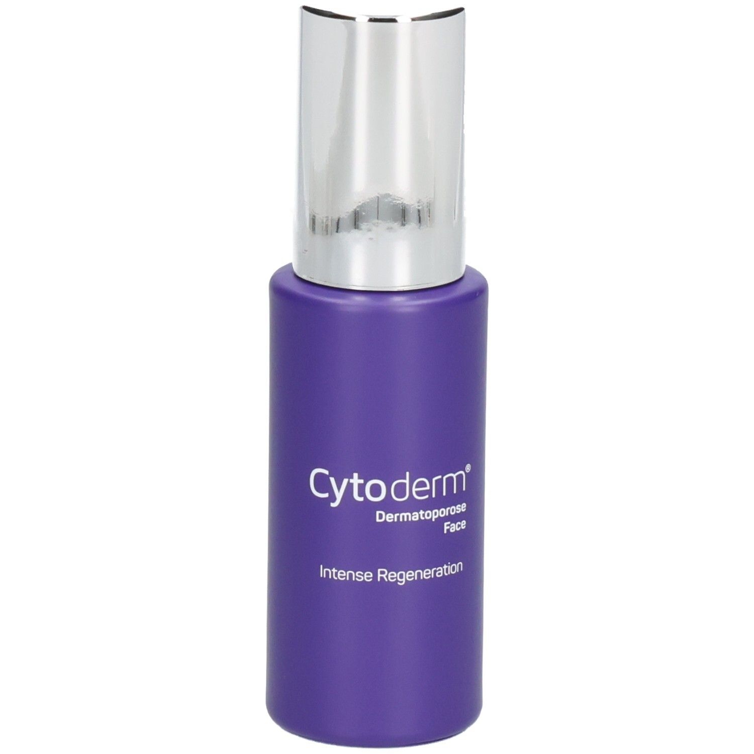 Violette Flasche mit silbernem Deckel. Aufschrift: Cytoderm Dermatoporose Face, Intense Regeneration.