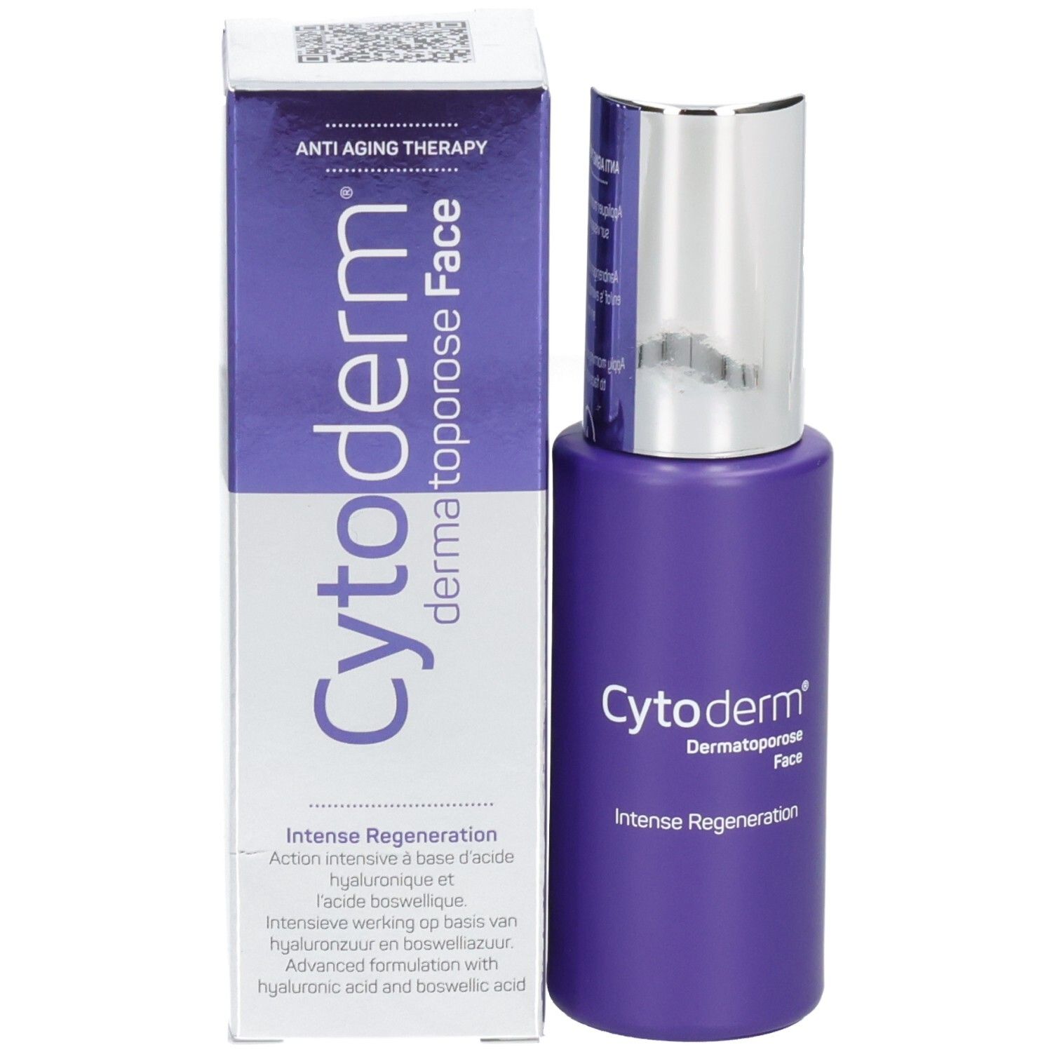 Produktflasche und Verpackung. Aufschrift: Cytoderm Dermatoporose Face, Intense Regeneration, Anti-Aging Therapy.