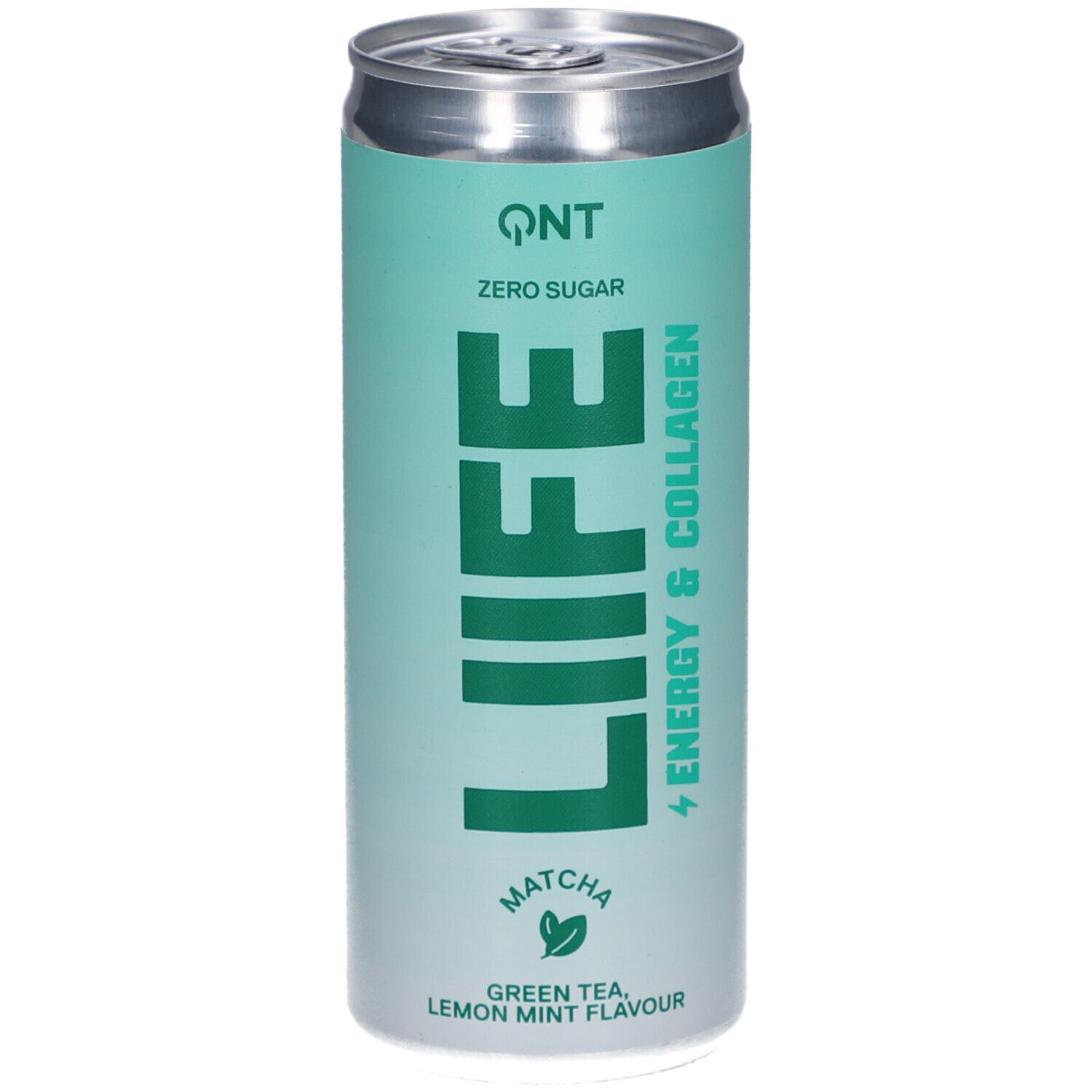 Getränkedose mit QNT LIFE Energy & Collagen. Grün-weiße Dose mit Aufschrift LIFE, Matcha, Grüntee, Zitrone, Minze.