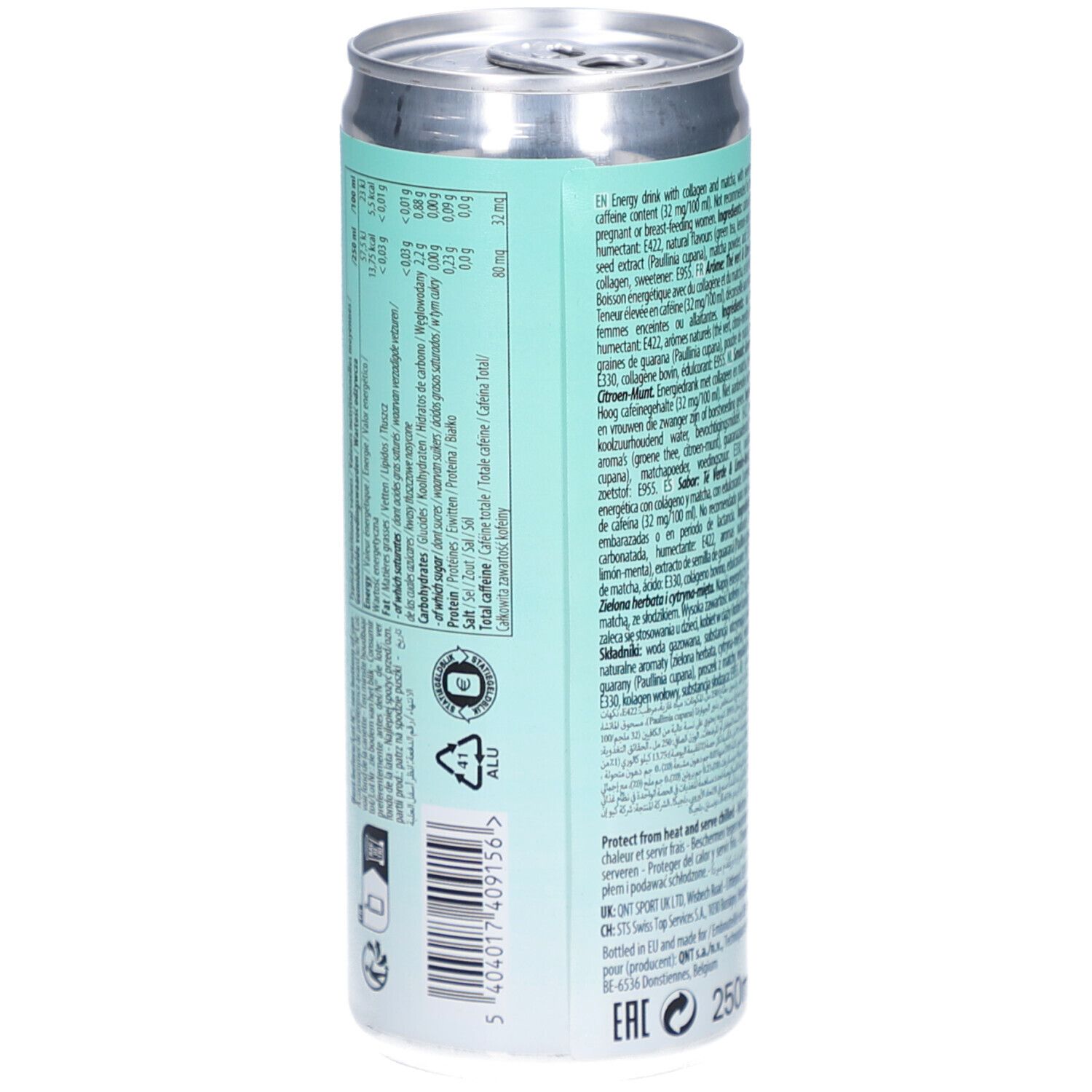 Rückseite der QNT LIFE Energy & Collagen Dose. Text mit Nährwertangaben, Inhaltsstoffen und Recycling-Symbolen.