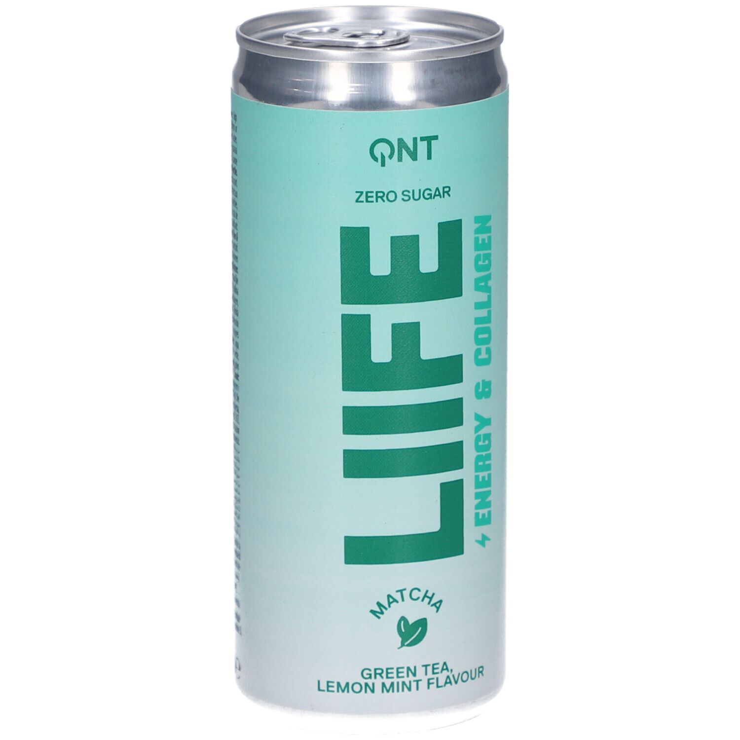 Getränkedose mit QNT LIFE Energy & Collagen. Grün-weiße Dose mit Aufschrift LIFE, Matcha, Grüntee, Zitrone, Minze.