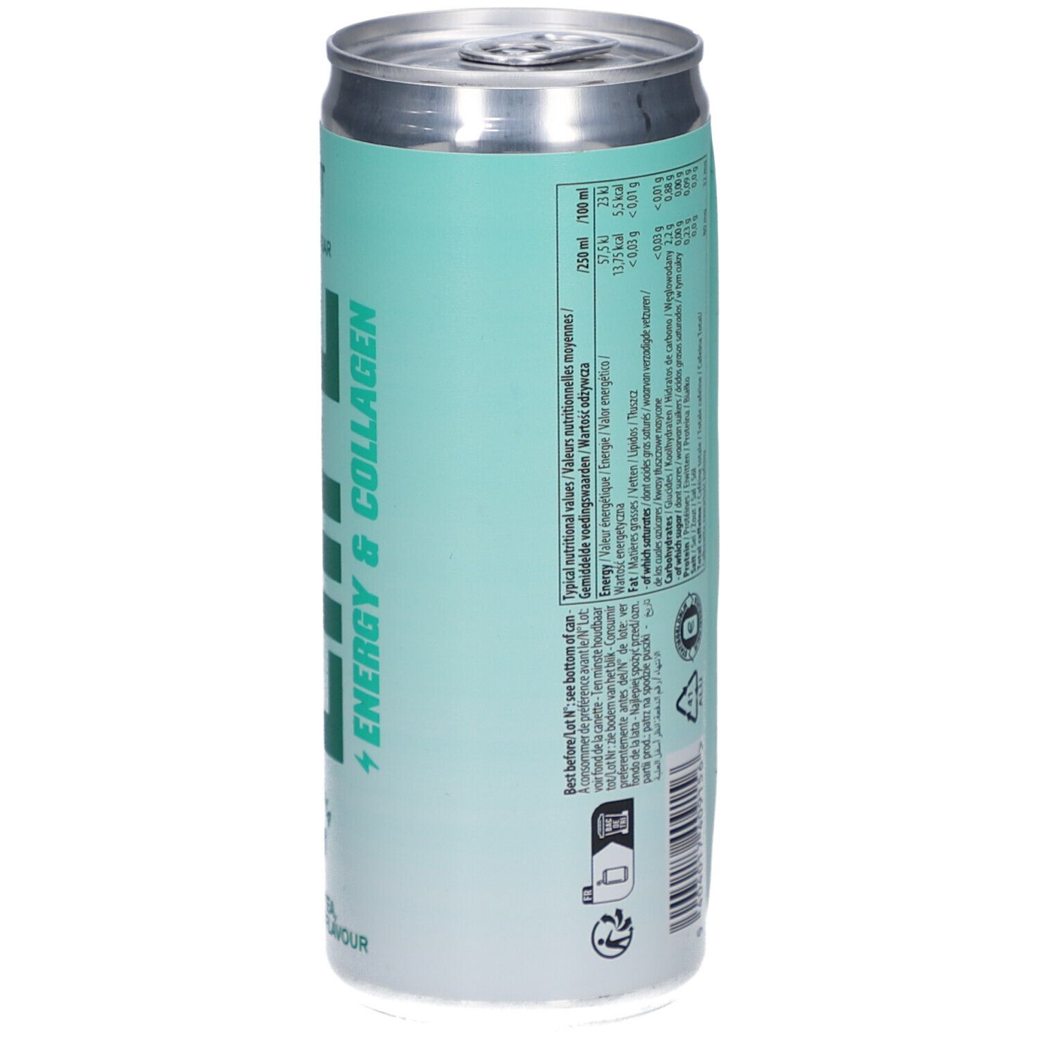 Rückseite der QNT LIFE Energy & Collagen Dose. Text mit Nährwertangaben, Inhaltsstoffen und Recycling-Symbolen.