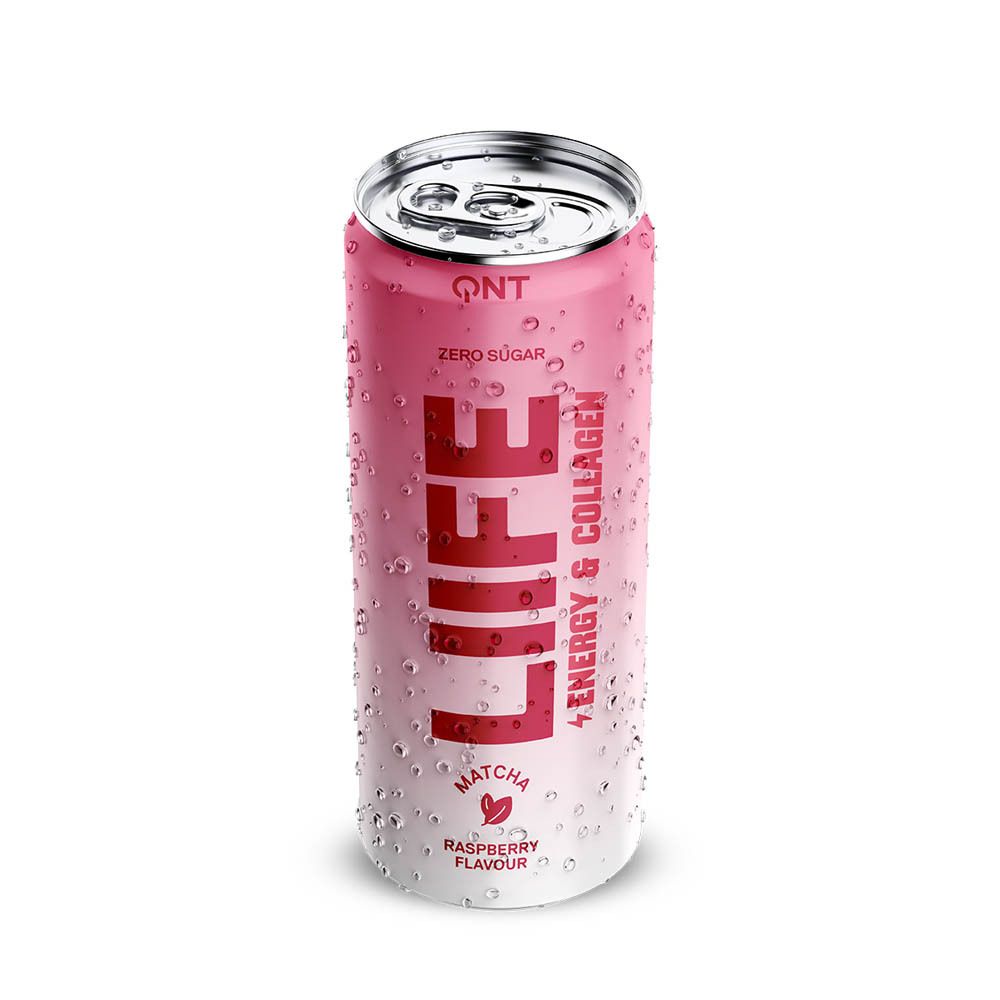 Canette rose avec dégradé. Inscriptions: QNT, LIFE, ENERGY & COLLAGEN, Matcha, saveur framboise. Couvercle argenté.
