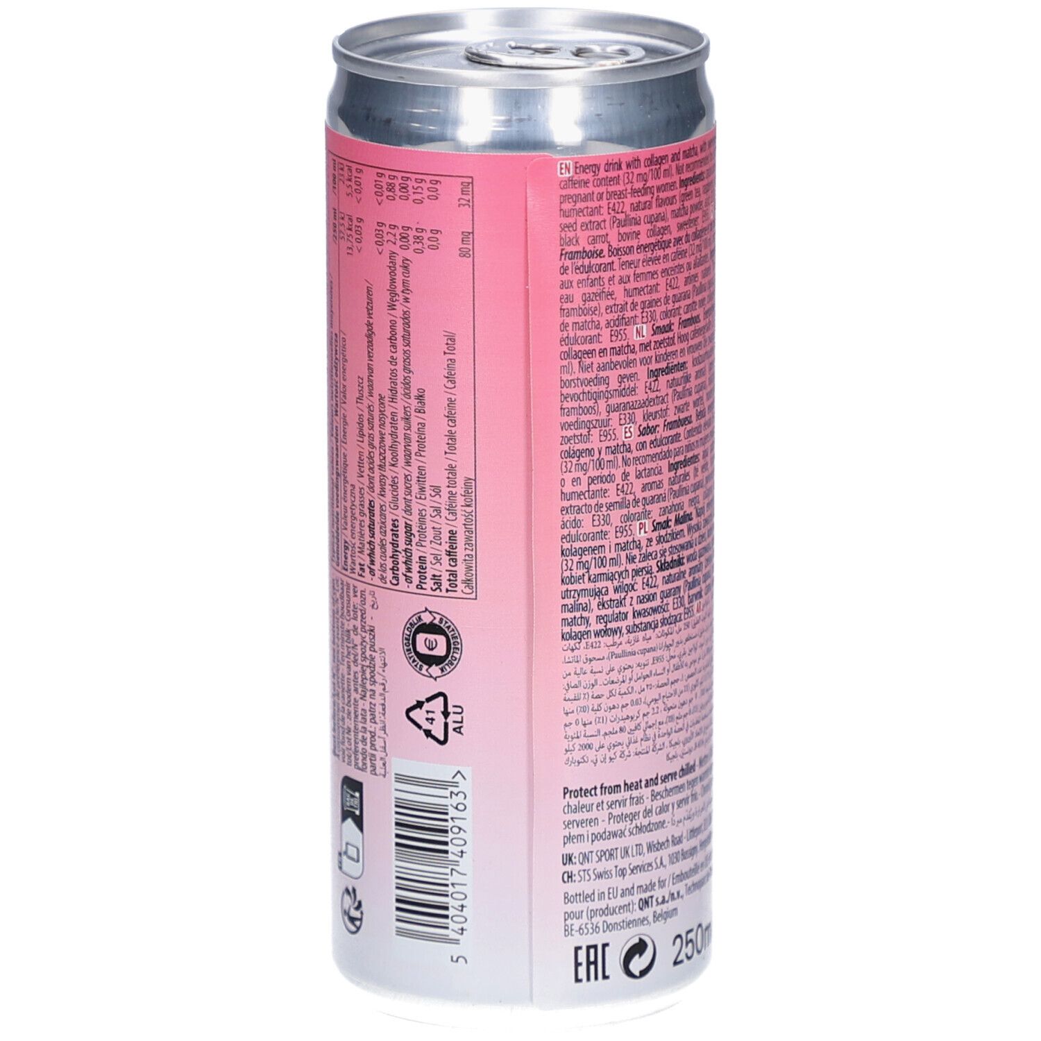 Rückseite einer Dose mit Nährwertangaben und Inhaltsstoffen. Text in mehreren Sprachen. Dose silberfarben.