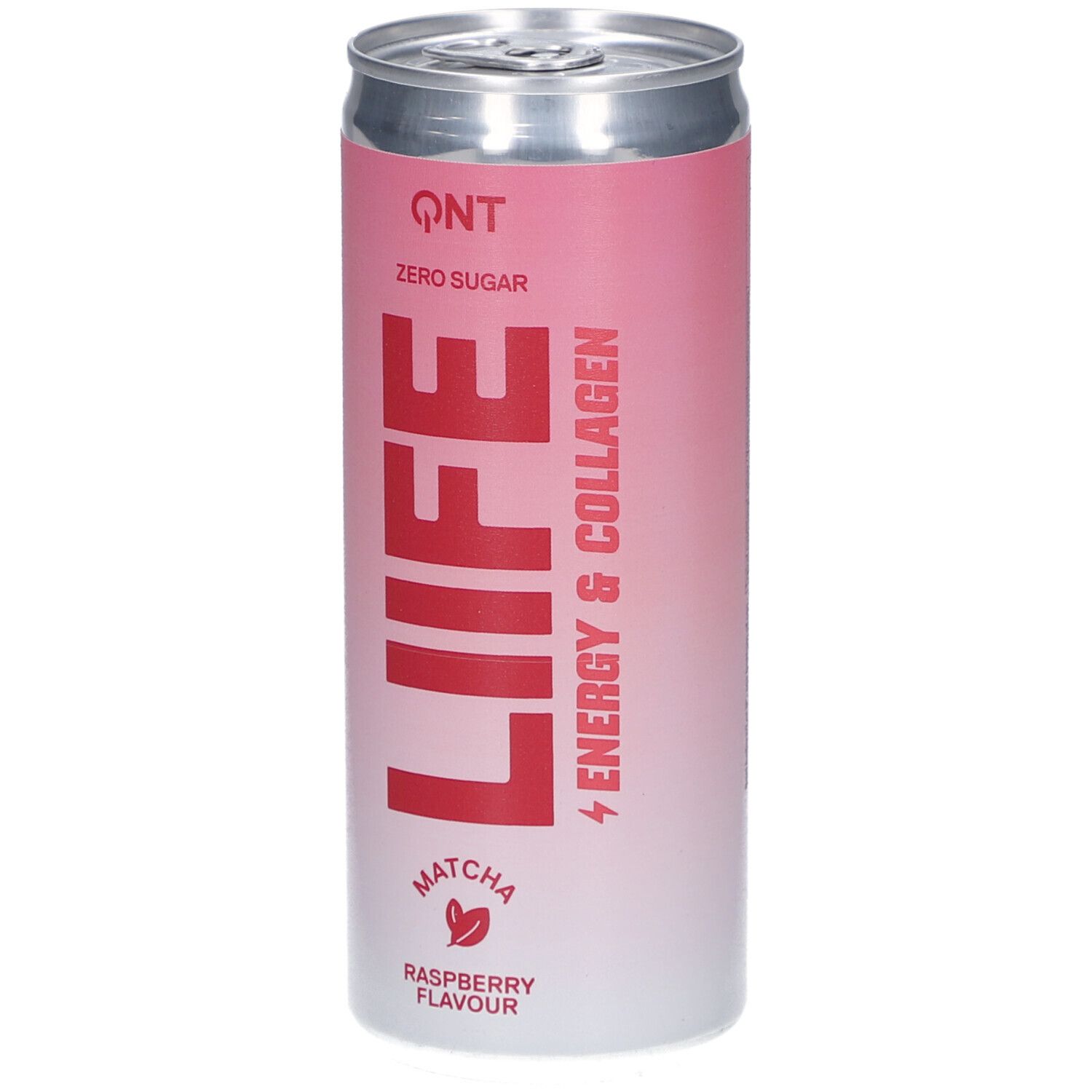 Dose mit rosa Farbverlauf. Aufschrift: QNT, LIFE, ENERGY & COLLAGEN, Matcha, Himbeergeschmack. Deckel silberfarben.