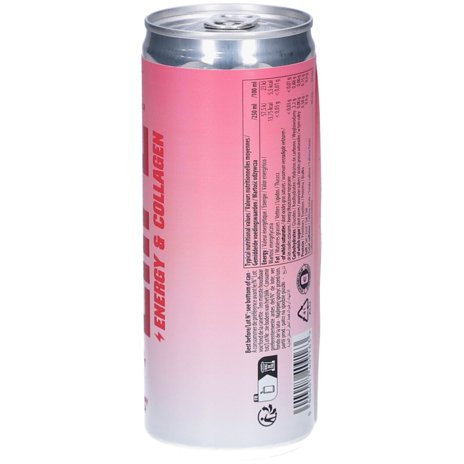 Rückseite einer Dose mit Nährwertangaben und Inhaltsstoffen. Text in mehreren Sprachen. Dose silberfarben.