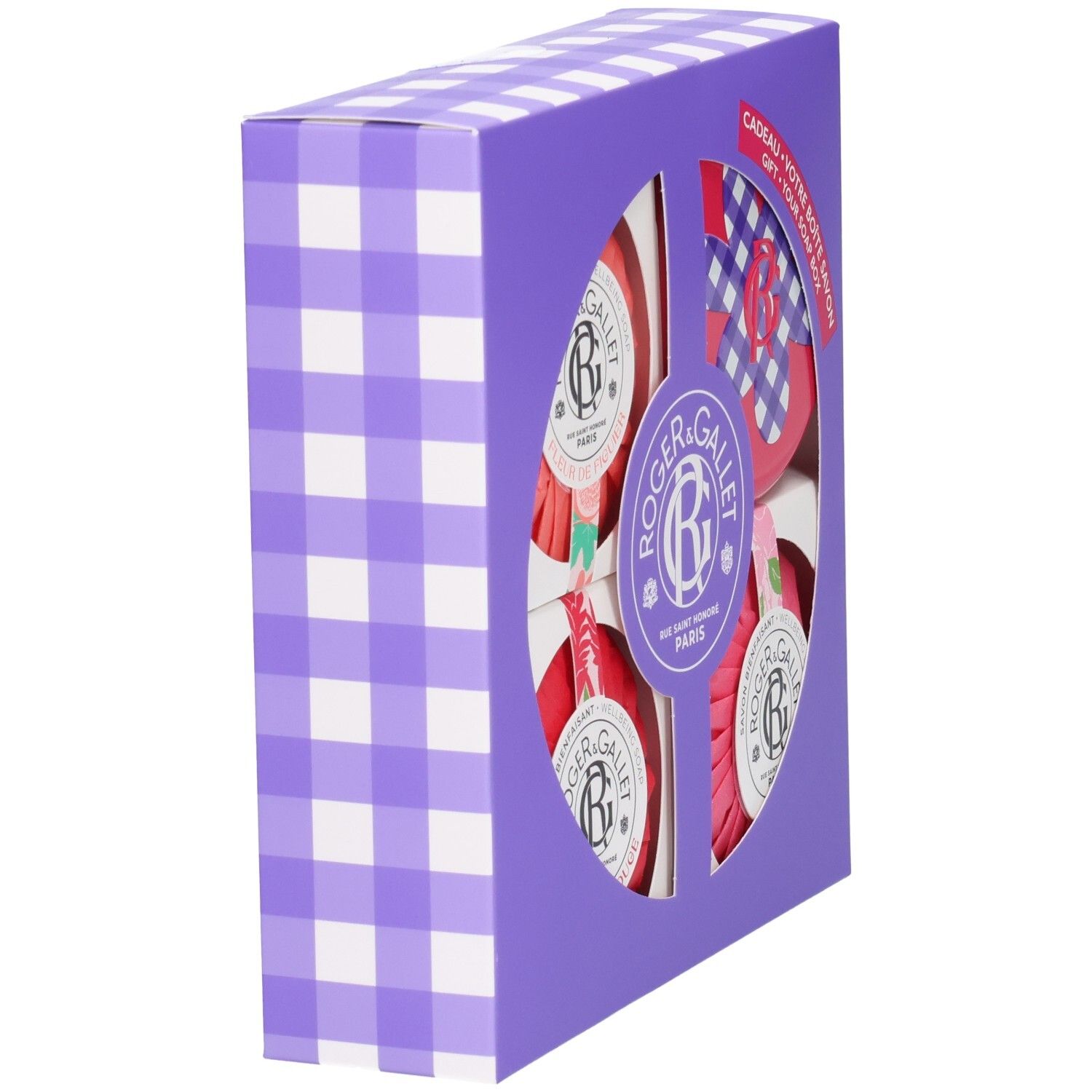 Geschenkbox mit vier Seifen. Lila Verpackung mit Vichy-Karo-Muster. Seitenansicht mit Sichtfenster.